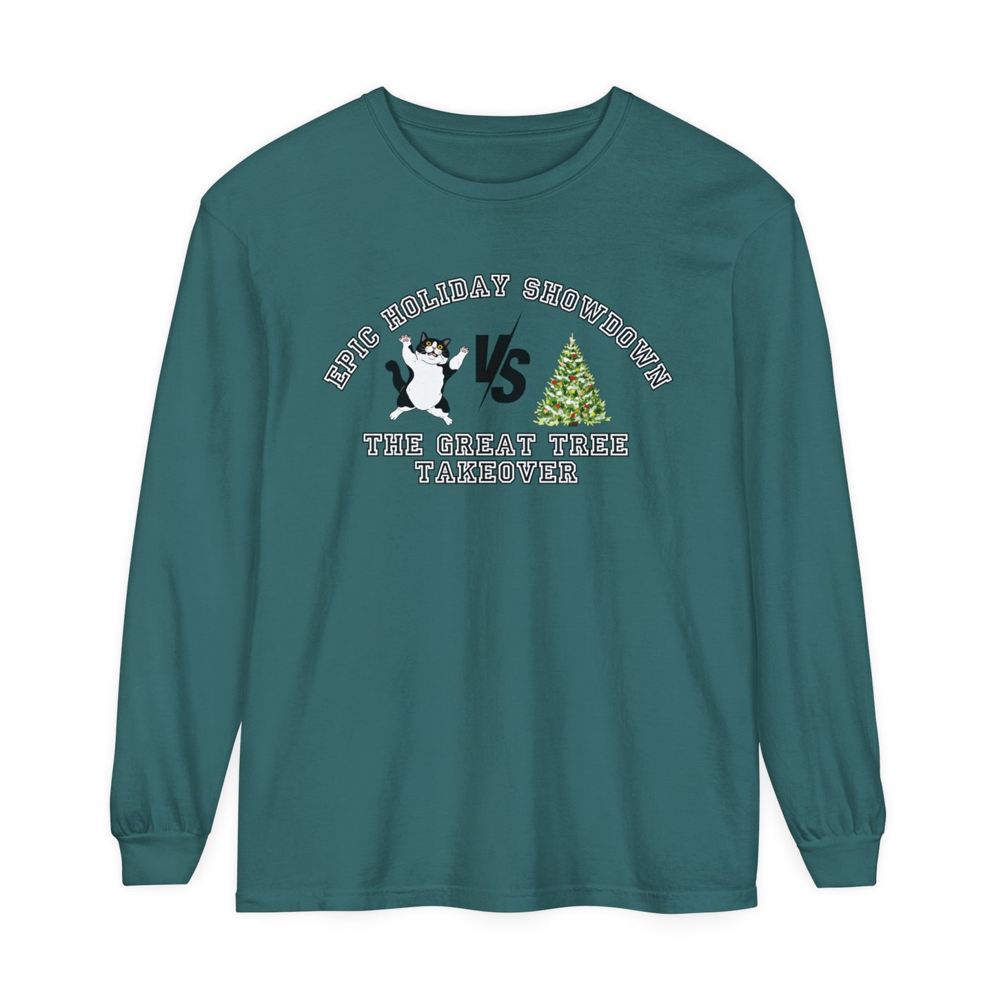 Comfort Colors Garment-Dyed Long Sleeve T-Shirt - 'Epic Holiday Showdown: The Great Tree Takeover' Cat & Christmas Tree Tee - Eddy and Rita