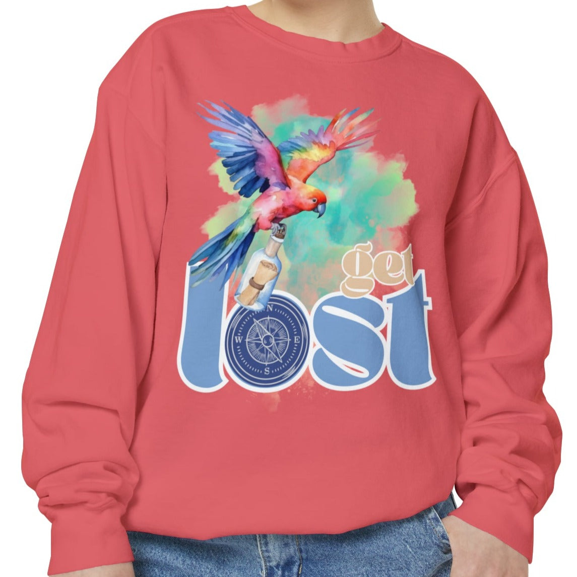 Get Lost Women's Long Sleeve Comfort Colors Sweatshirt with Tropical Bird Design - Eddy and Rita