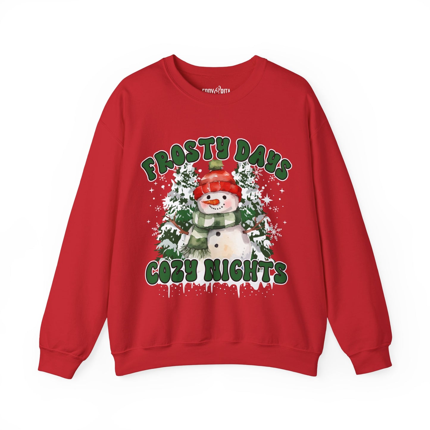 Women’s Frosty Days, Cozy Nights Sweatshirt – Warm Winter Pullover with Snowman Graphic – Heavyweight Crewneck for Cold Weather Comfort