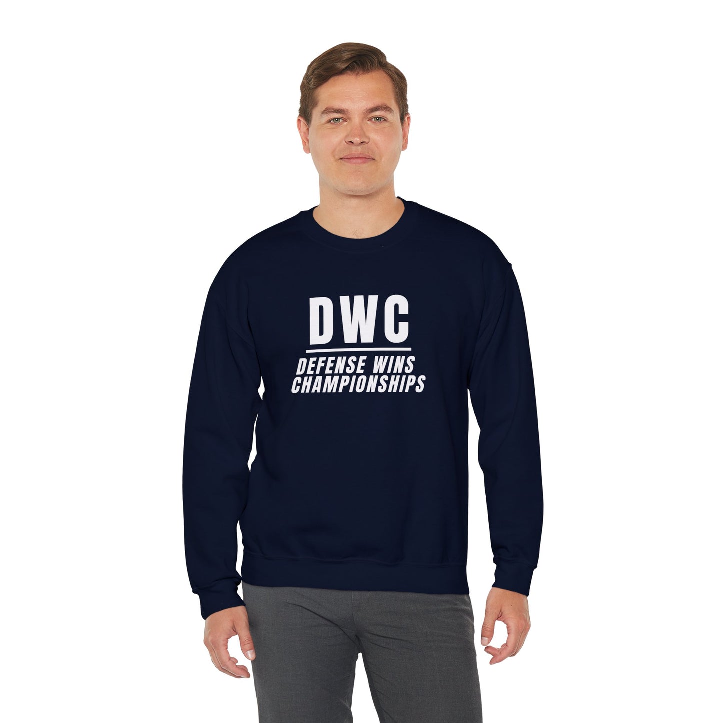 Men's Heavy Sweatshirt – "D W C Defense Wins Championships" Sports-Inspired Graphic Sweatshirt