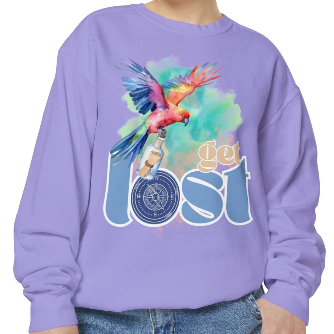 Get Lost Women's Long Sleeve Comfort Colors Sweatshirt with Tropical Bird Design - Eddy and Rita