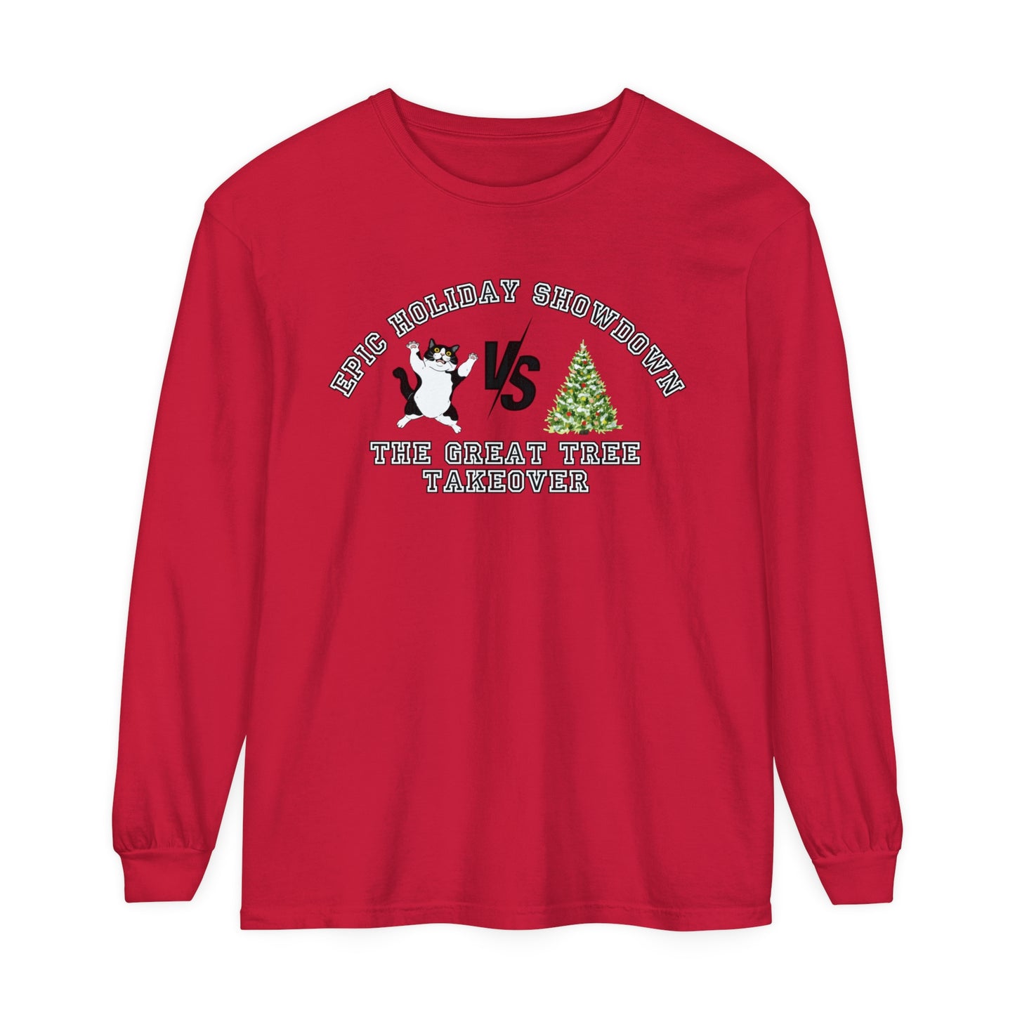 Comfort Colors Garment-Dyed Long Sleeve T-Shirt - 'Epic Holiday Showdown: The Great Tree Takeover' Cat & Christmas Tree Tee - Eddy and Rita