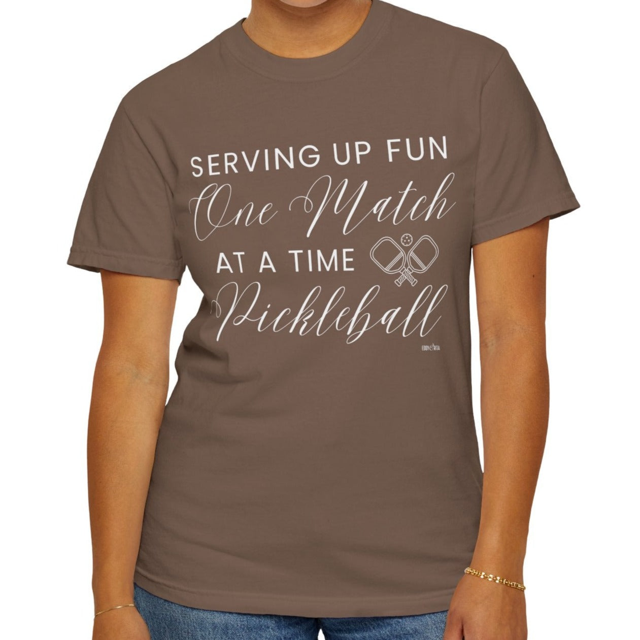Eddy and Rita Women's Comfort Colors T-Shirt - "Serving Up Fun One Match at a Time Pickleball" Colorful Graphic Tee for Pickleball Enthusiasts