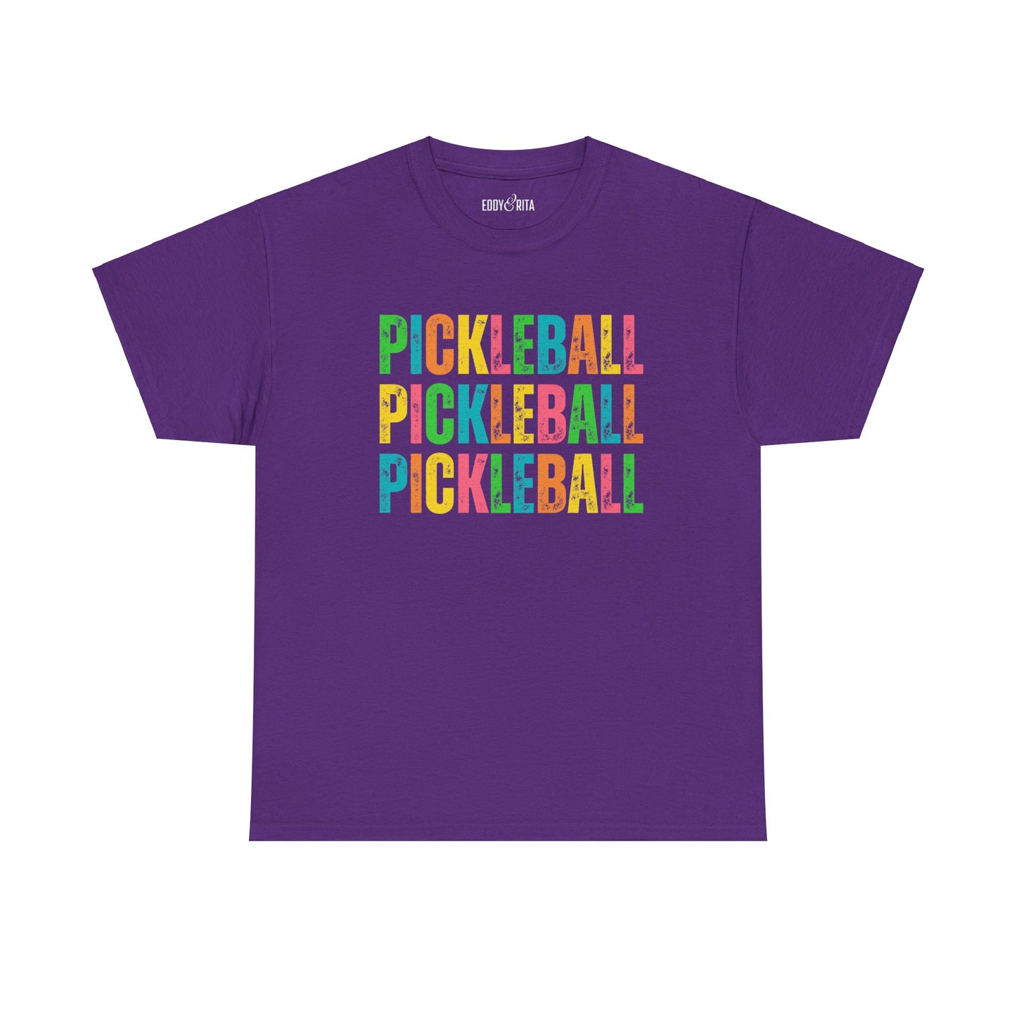Eddy and Rita Women's Heavy Cotton T-Shirt - "Pickleball Pickleball Pickleball" Colorful Graphic Tee for Pickleball Enthusiasts