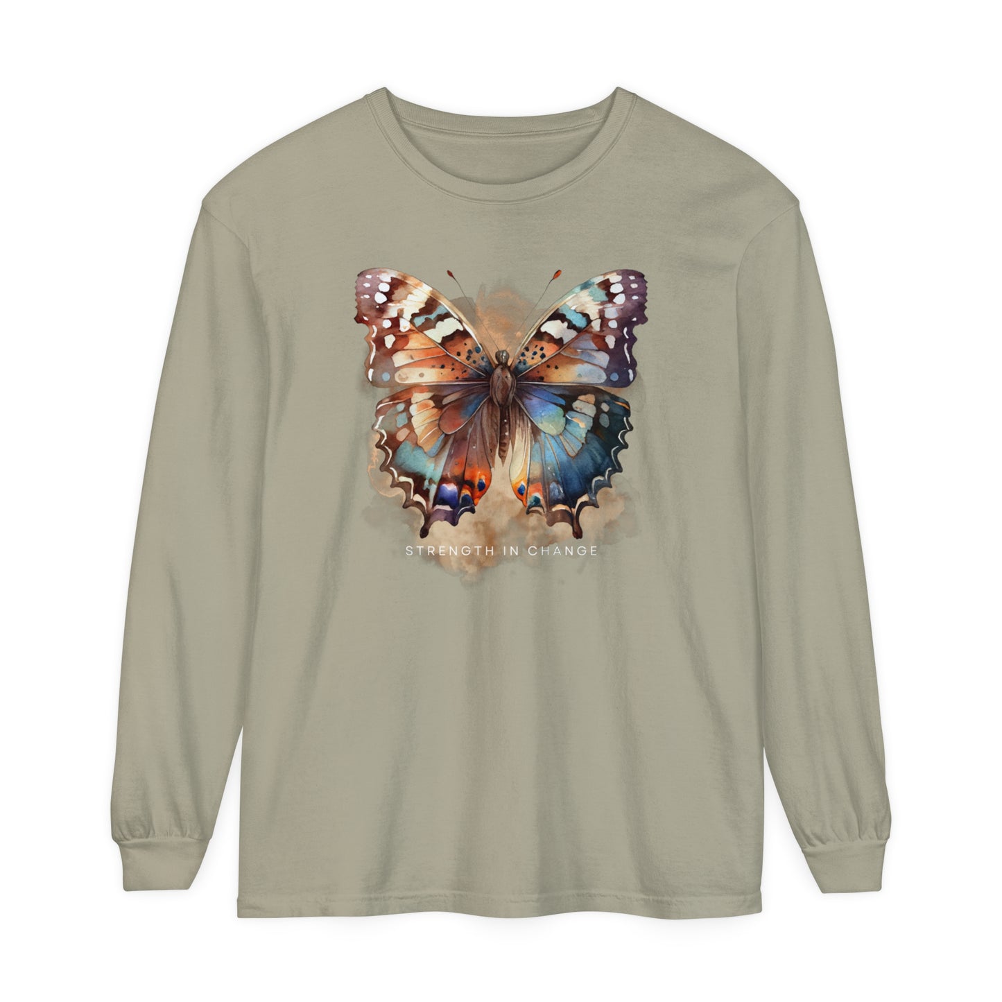 Women's Comfort Colors Long Sleeve Tee: 'Strength in Change' Butterfly - Eddy and Rita
