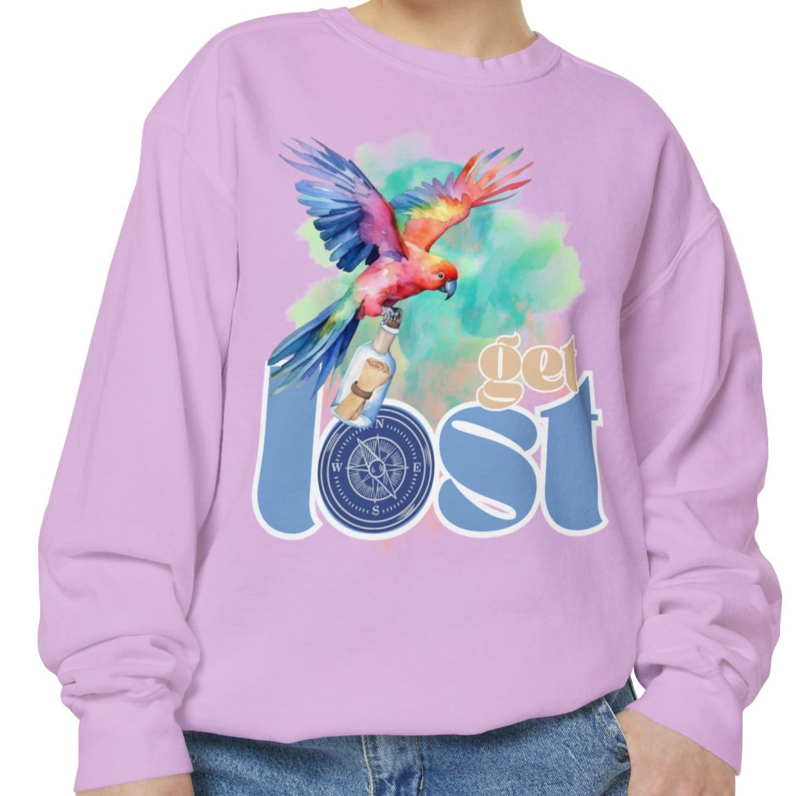 Get Lost Women's Long Sleeve Comfort Colors Sweatshirt with Tropical Bird Design - Eddy and Rita