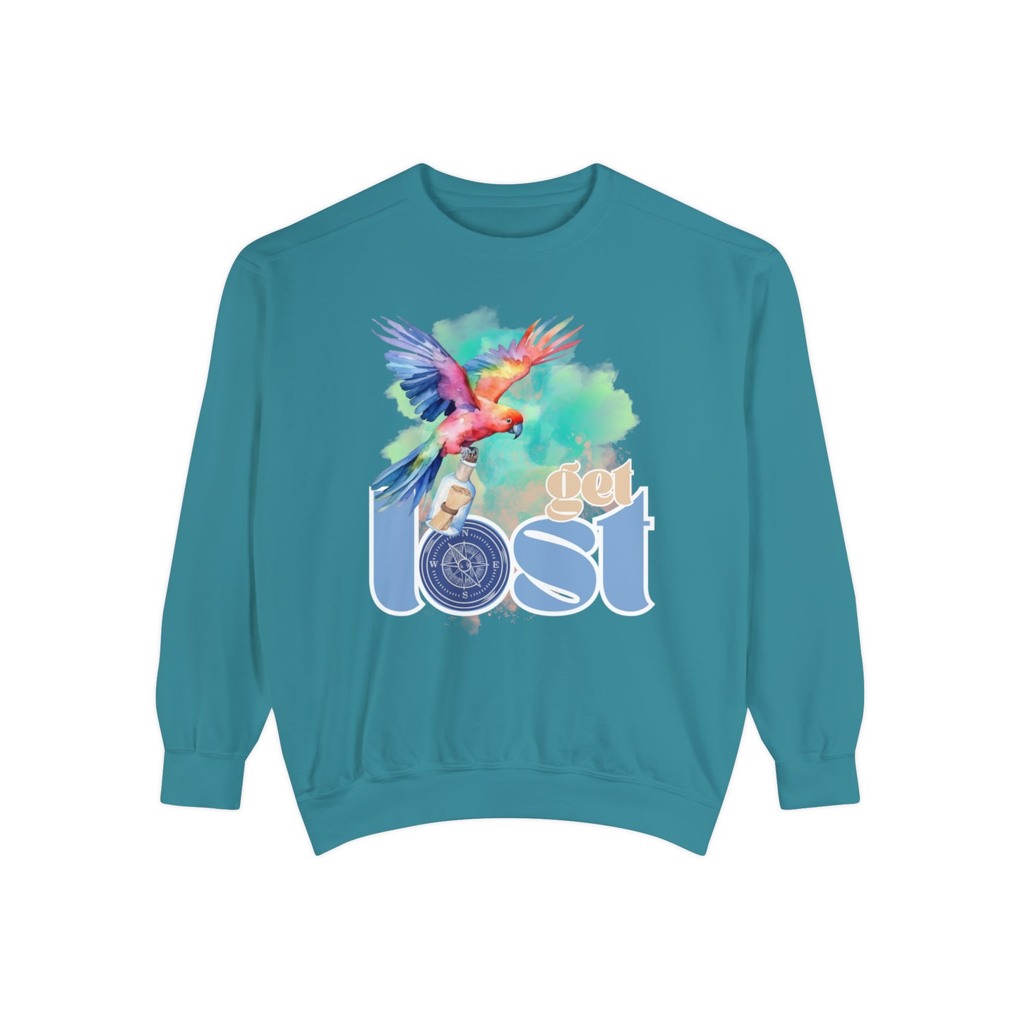Get Lost Women's Comfort Colors Sweatshirt with Tropical Bird Design - Cozy and Stylish Casual Wear for Adventure Seekers