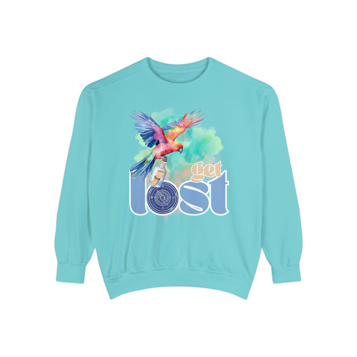 Get Lost Women's Long Sleeve Comfort Colors Sweatshirt with Tropical Bird Design - Eddy and Rita