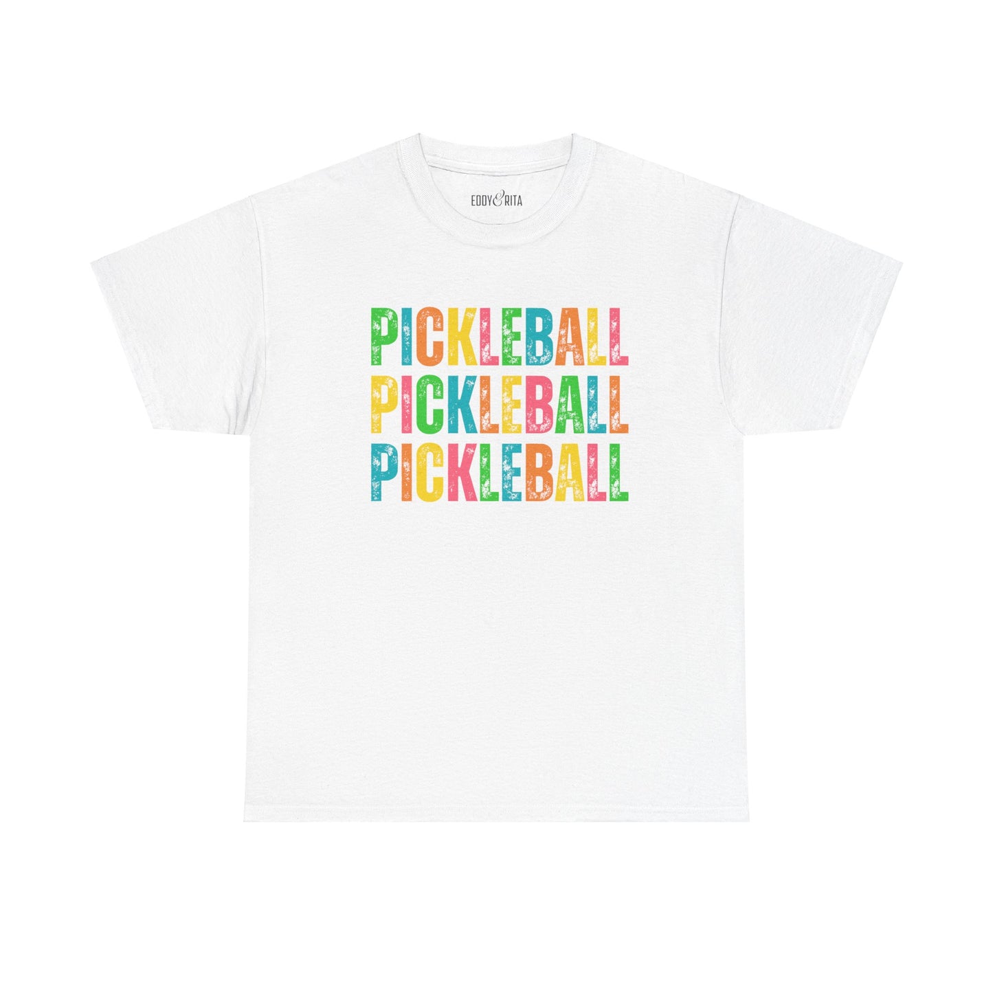 Eddy and Rita Women's Heavy Cotton T-Shirt - "Pickleball Pickleball Pickleball" Colorful Graphic Tee for Pickleball Enthusiasts