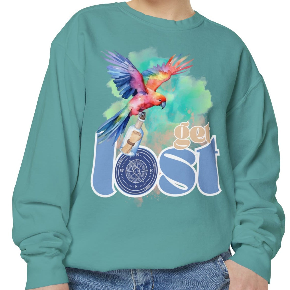 Get Lost Women's Long Sleeve Comfort Colors Sweatshirt with Tropical Bird Design - Eddy and Rita