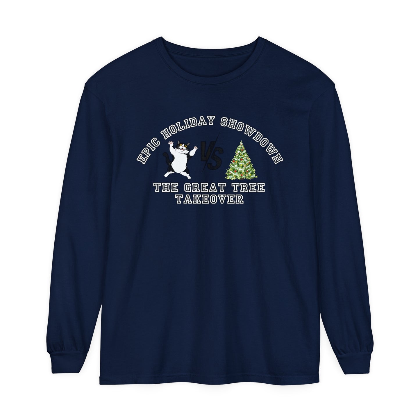Comfort Colors Garment-Dyed Long Sleeve T-Shirt - 'Epic Holiday Showdown: The Great Tree Takeover' Cat & Christmas Tree Tee - Eddy and Rita