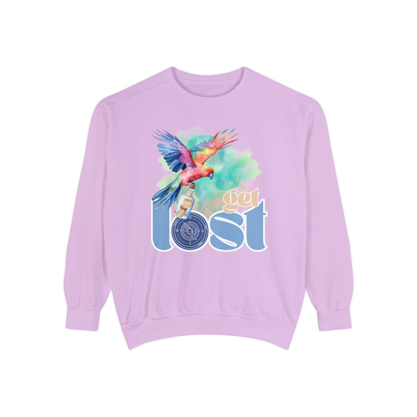 Get Lost Women's Long Sleeve Comfort Colors Sweatshirt with Tropical Bird Design - Eddy and Rita