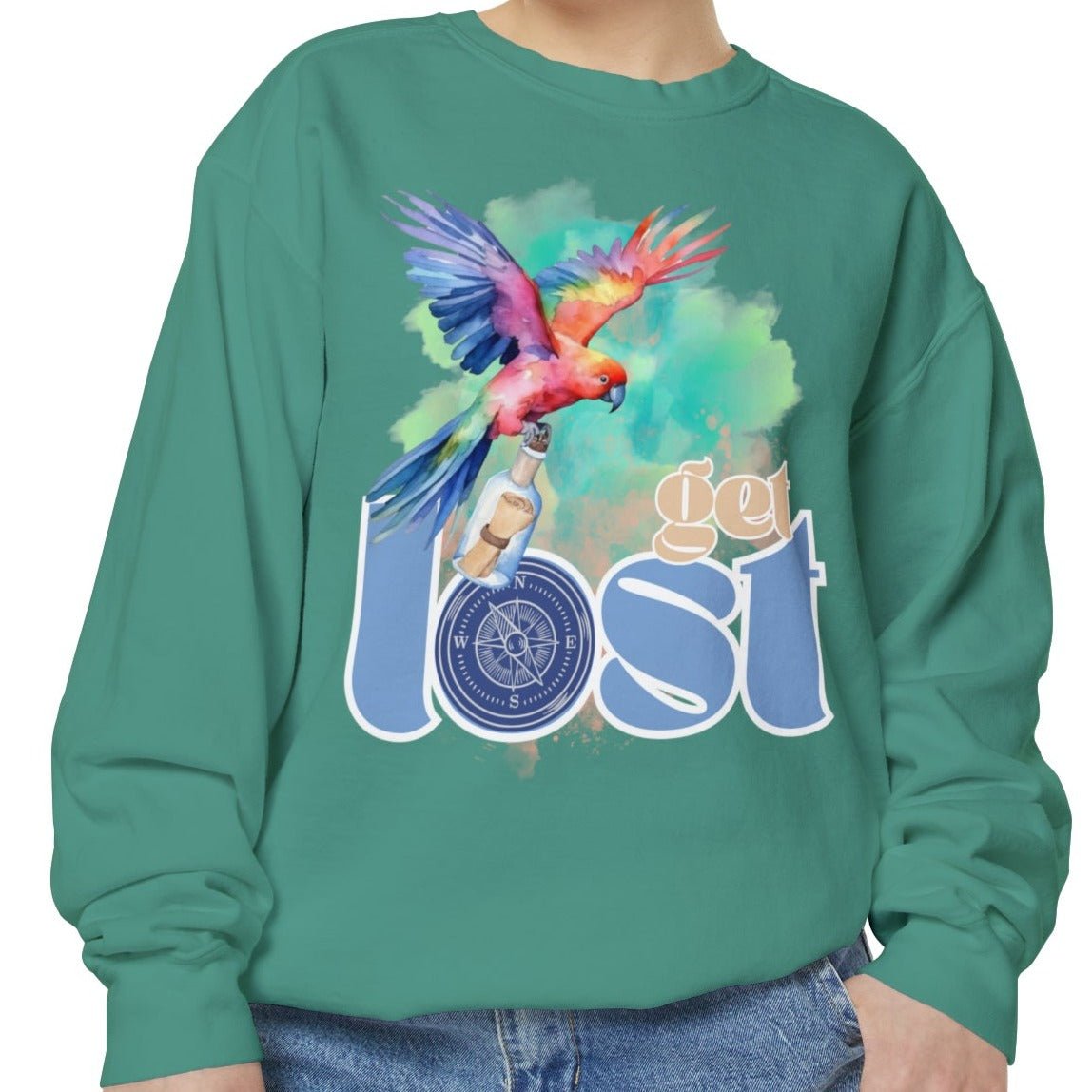 Get Lost Women's Long Sleeve Comfort Colors Sweatshirt with Tropical Bird Design - Eddy and Rita