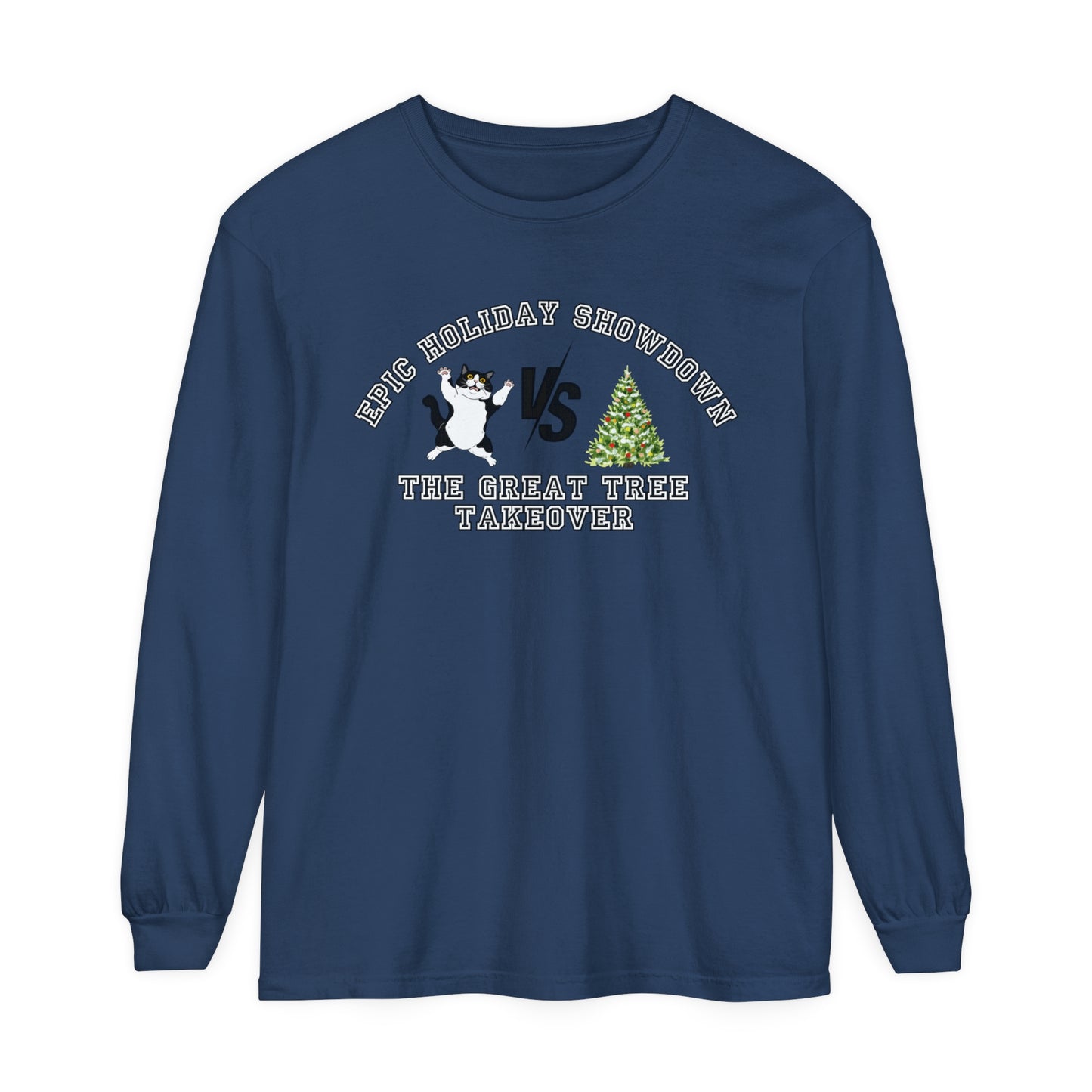 Comfort Colors Garment-Dyed Long Sleeve T-Shirt - 'Epic Holiday Showdown: The Great Tree Takeover' Cat & Christmas Tree Tee - Eddy and Rita
