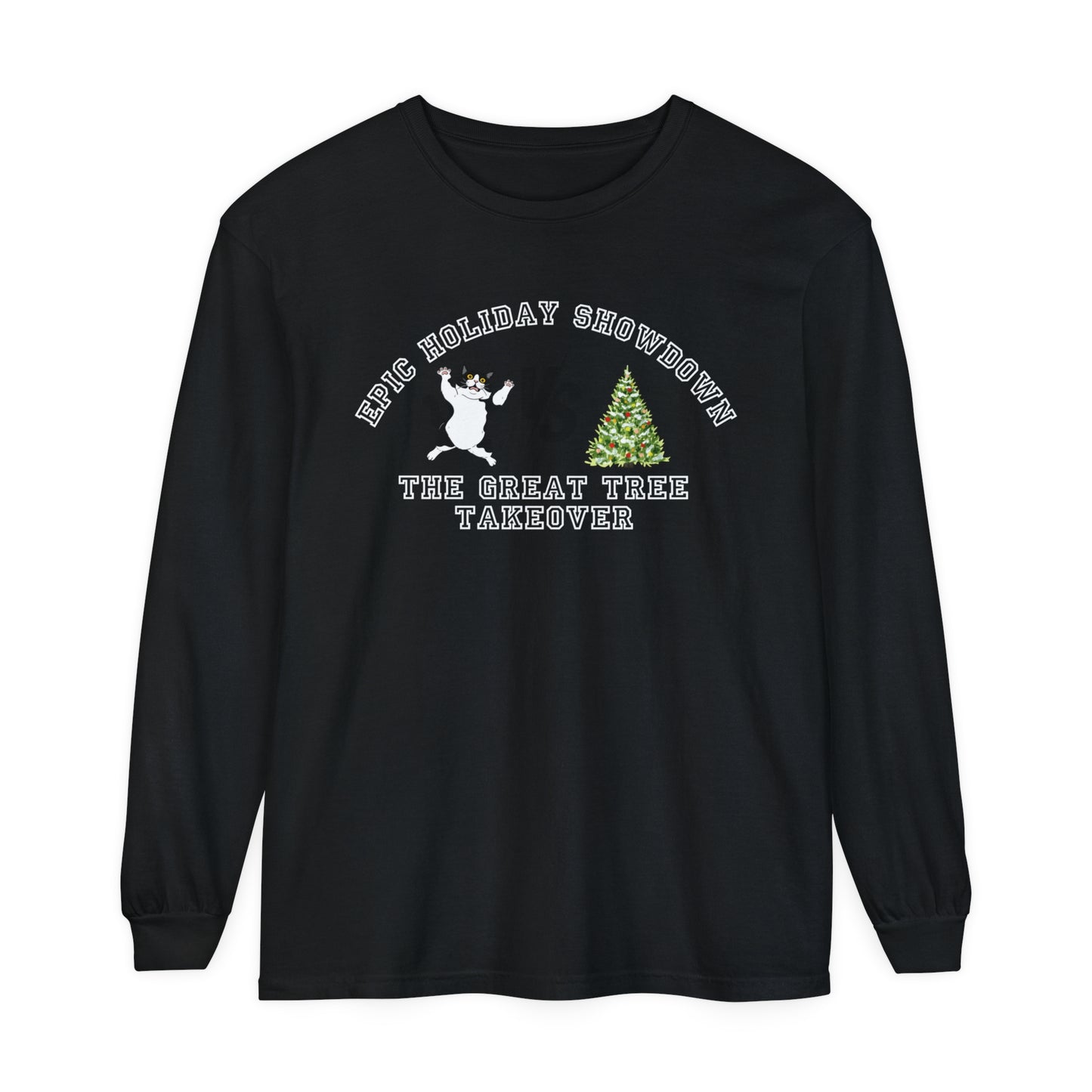 Comfort Colors Garment-Dyed Long Sleeve T-Shirt - 'Epic Holiday Showdown: The Great Tree Takeover' Cat & Christmas Tree Tee - Eddy and Rita