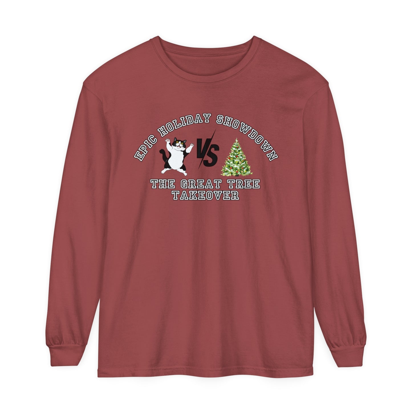 Comfort Colors Garment-Dyed Long Sleeve T-Shirt - 'Epic Holiday Showdown: The Great Tree Takeover' Cat & Christmas Tree Tee - Eddy and Rita