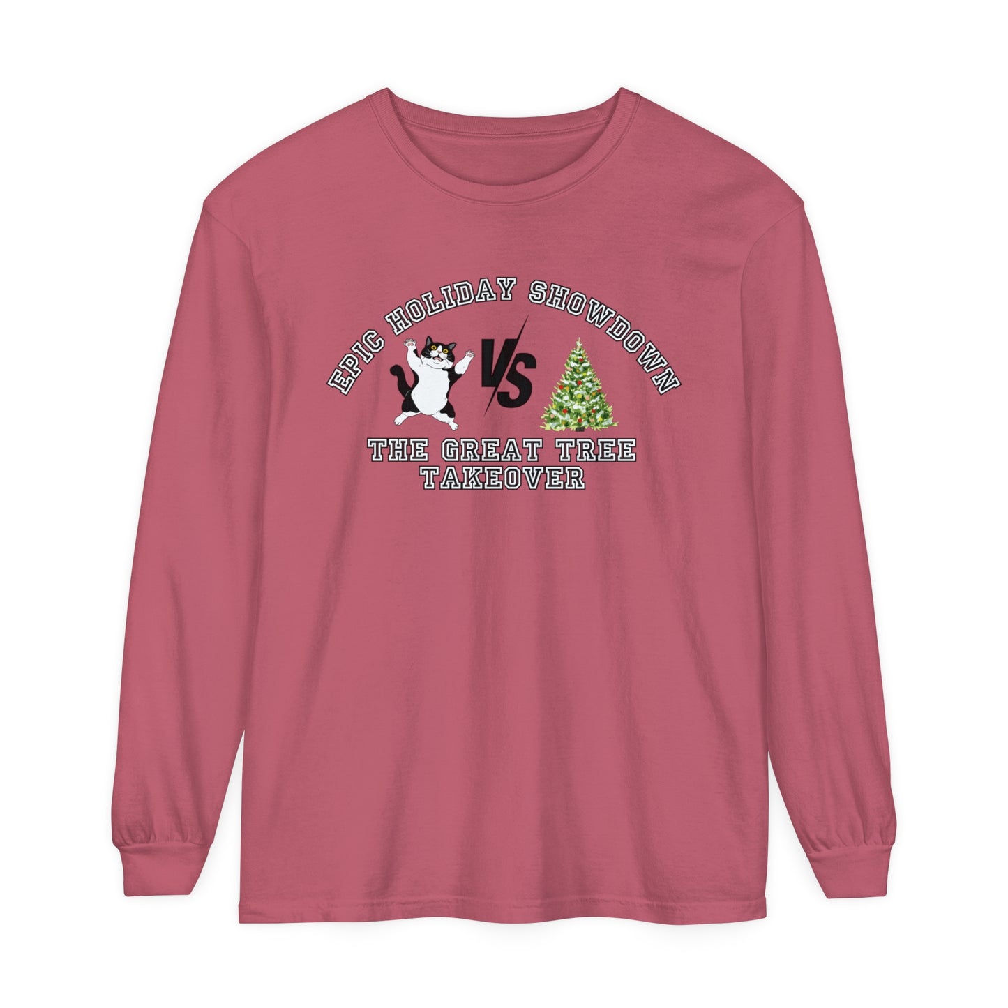 Comfort Colors Garment-Dyed Long Sleeve T-Shirt - 'Epic Holiday Showdown: The Great Tree Takeover' Cat & Christmas Tree Tee - Eddy and Rita