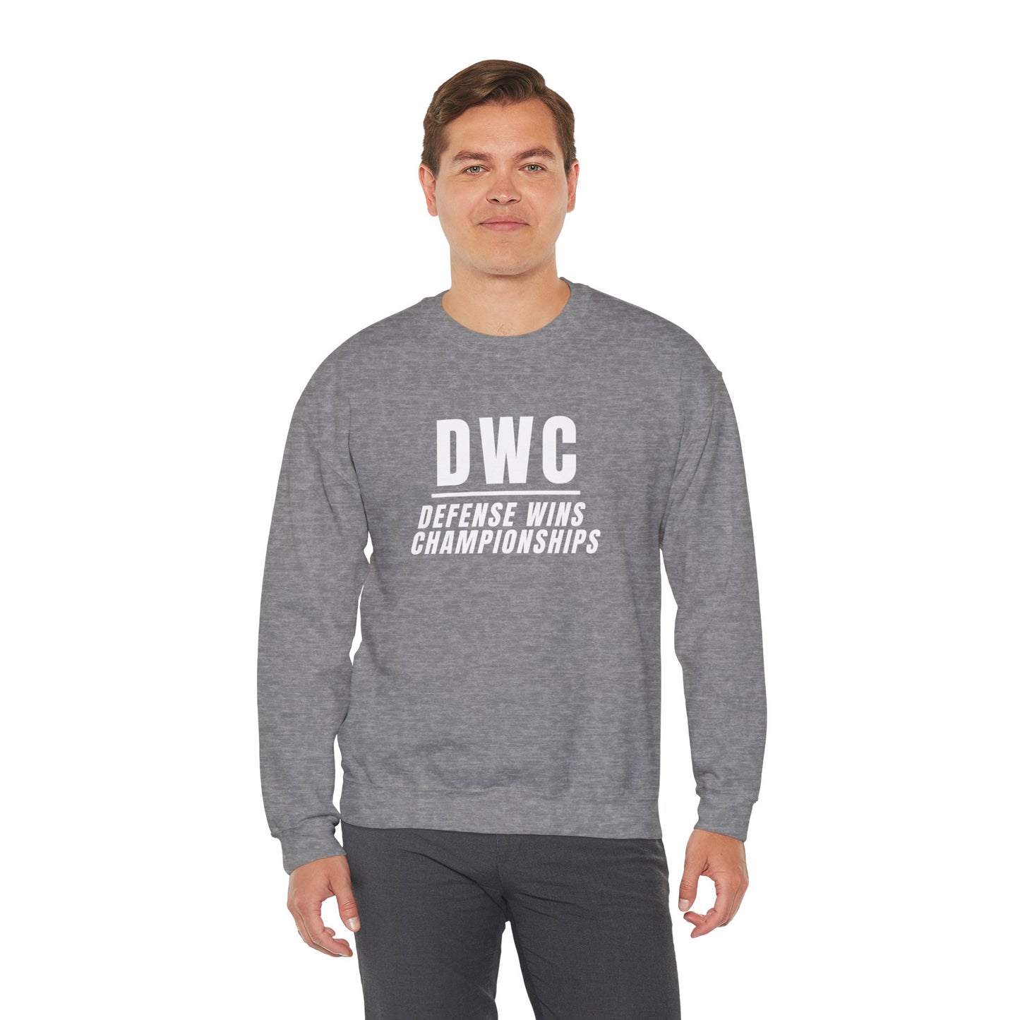 Men's Heavy Sweatshirt – "D W C Defense Wins Championships" Sports-Inspired Graphic Sweatshirt