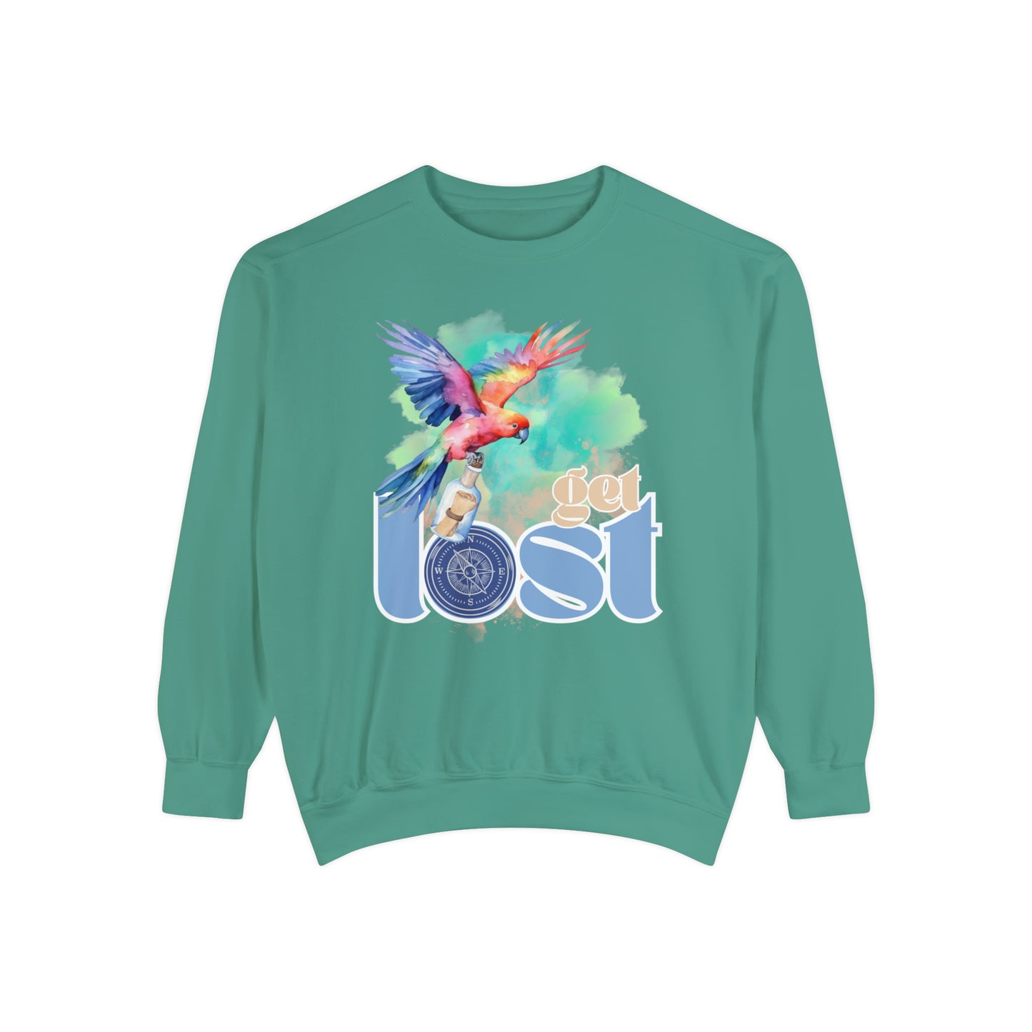 Get Lost Women's Long Sleeve Comfort Colors Sweatshirt with Tropical Bird Design - Eddy and Rita