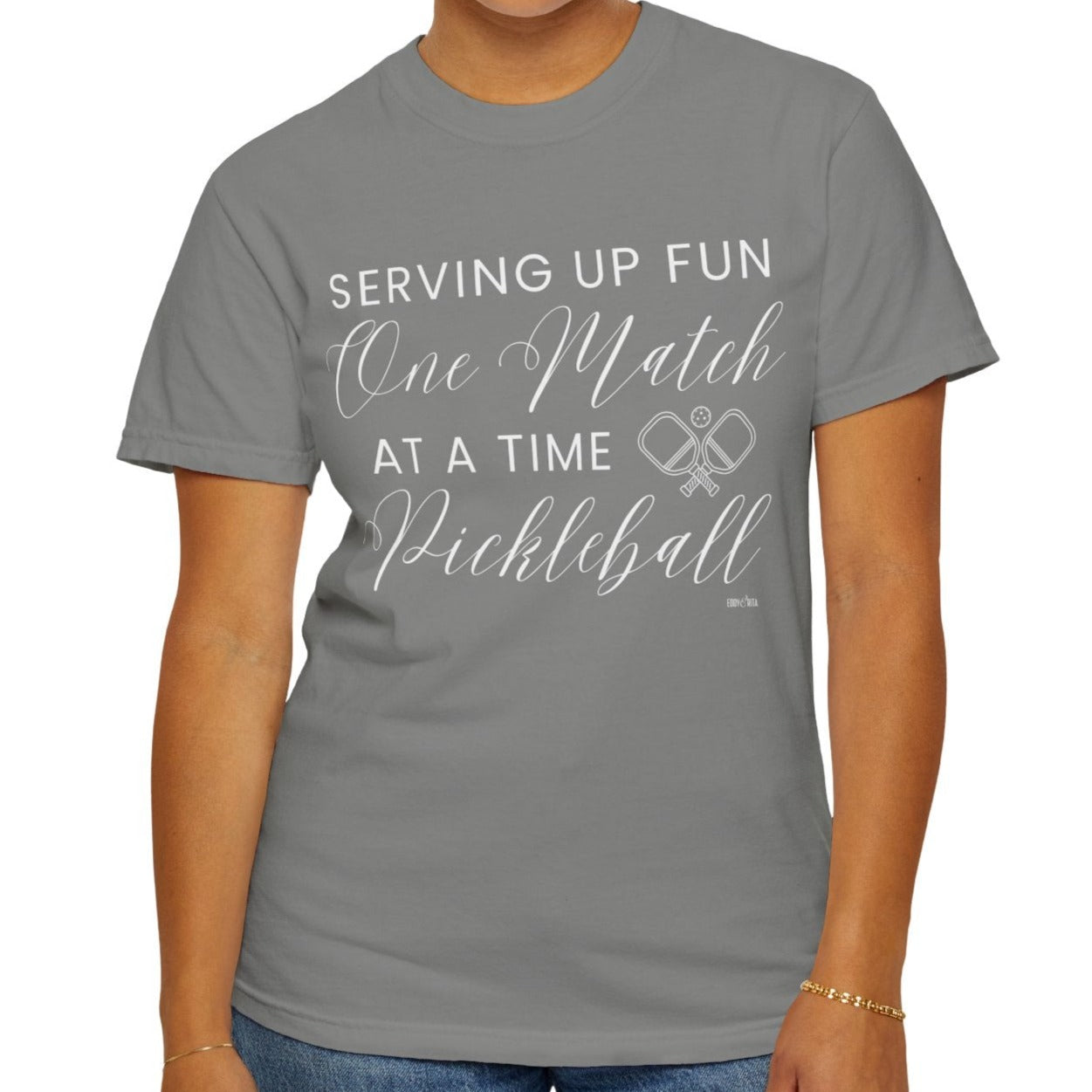 Eddy and Rita Women's Comfort Colors T-Shirt - "Serving Up Fun One Match at a Time Pickleball" Colorful Graphic Tee for Pickleball Enthusiasts