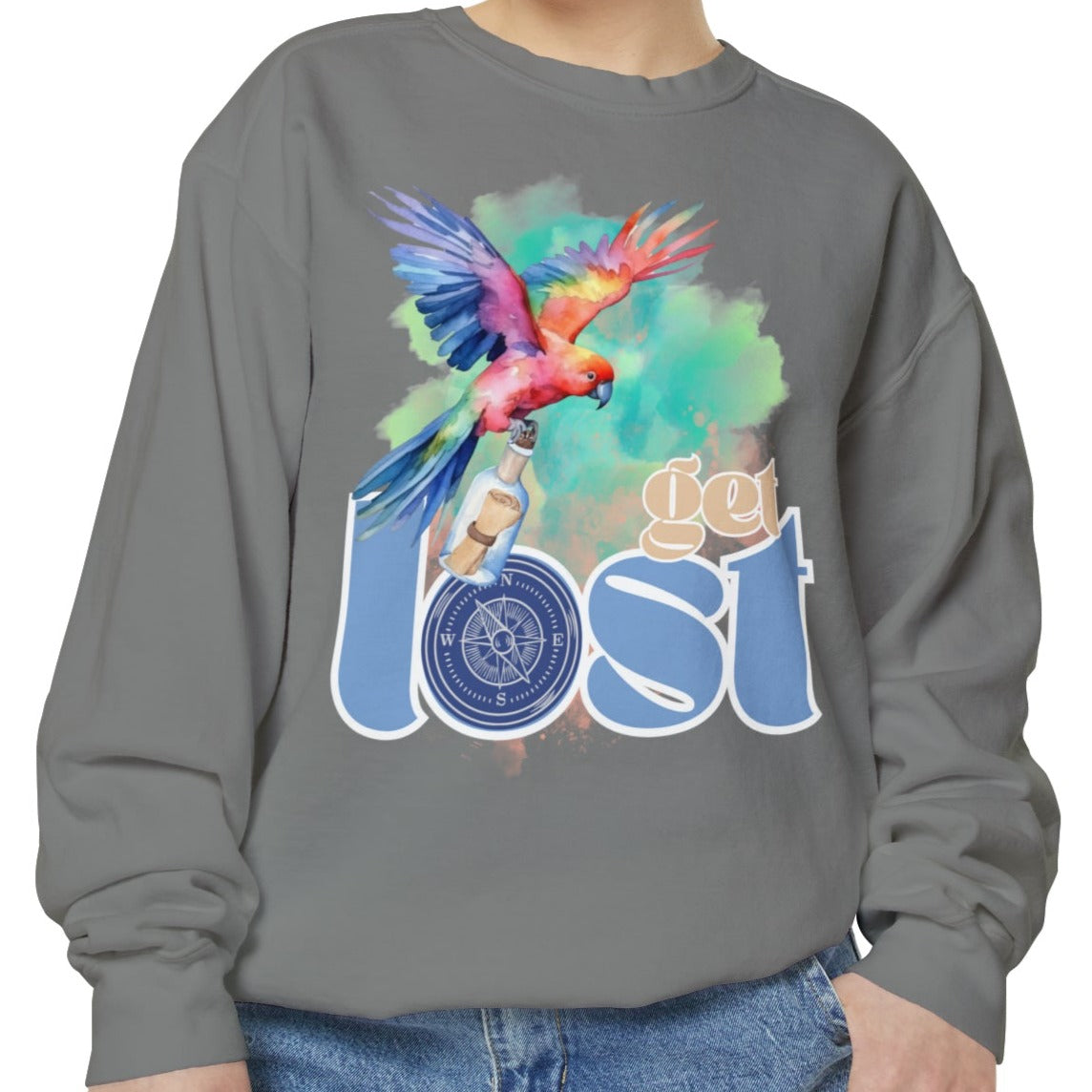 Get Lost Women's Long Sleeve Comfort Colors Sweatshirt with Tropical Bird Design - Eddy and Rita