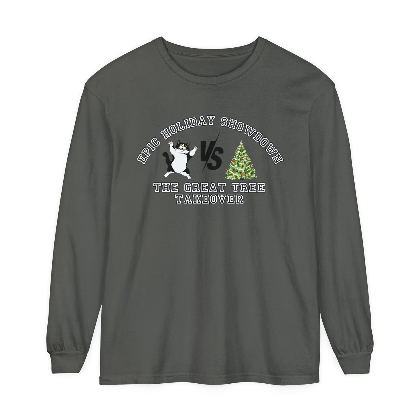 Comfort Colors Garment-Dyed Long Sleeve T-Shirt - 'Epic Holiday Showdown: The Great Tree Takeover' Cat & Christmas Tree Tee - Eddy and Rita