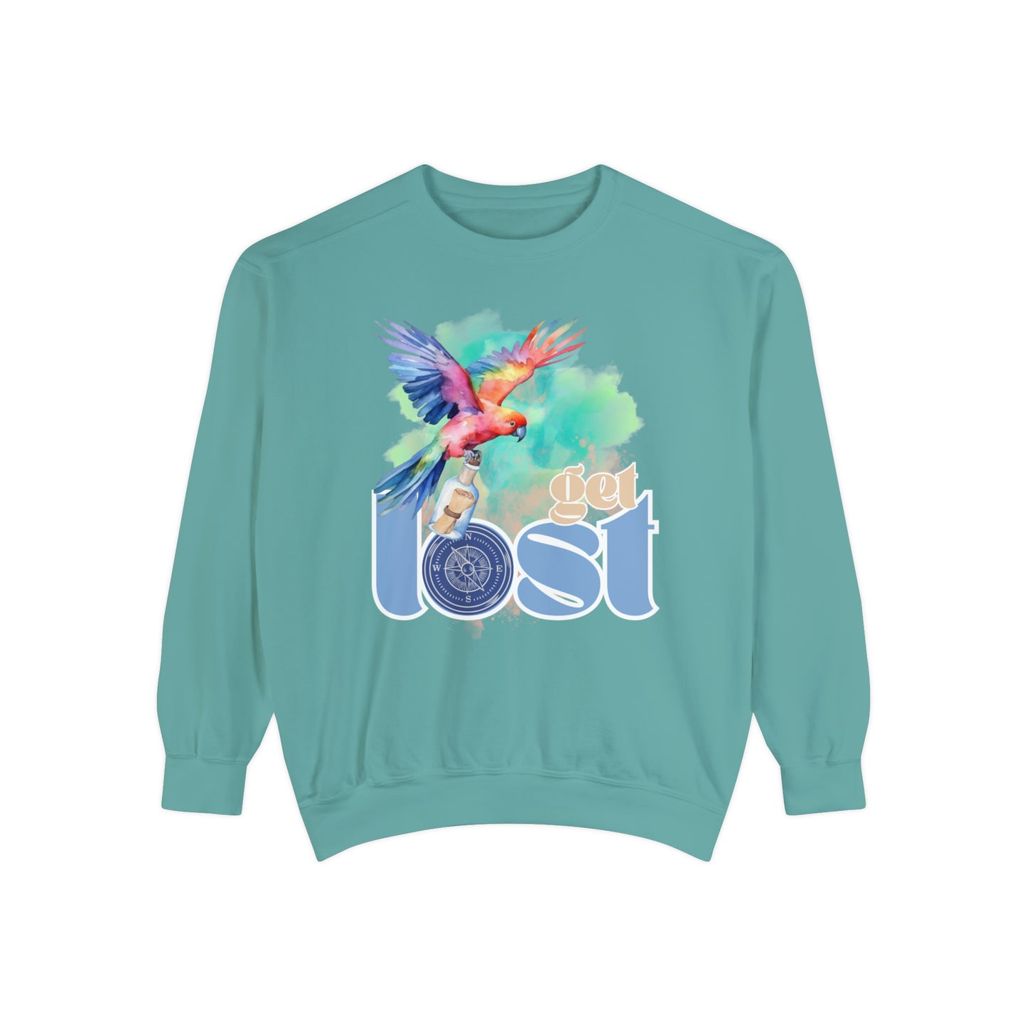 Get Lost Women's Long Sleeve Comfort Colors Sweatshirt with Tropical Bird Design - Eddy and Rita