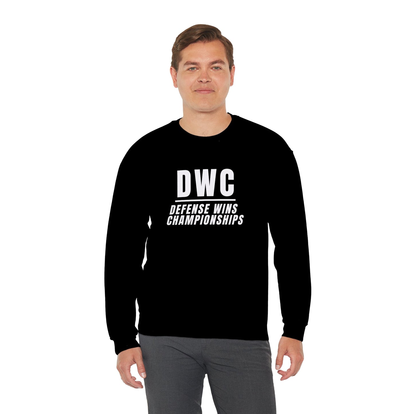 Men's Heavy Sweatshirt – "D W C Defense Wins Championships" Sports-Inspired Graphic Sweatshirt