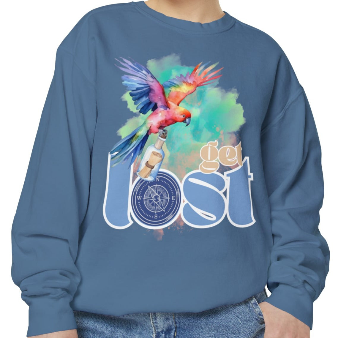 Get Lost Women's Long Sleeve Comfort Colors Sweatshirt with Tropical Bird Design - Eddy and Rita
