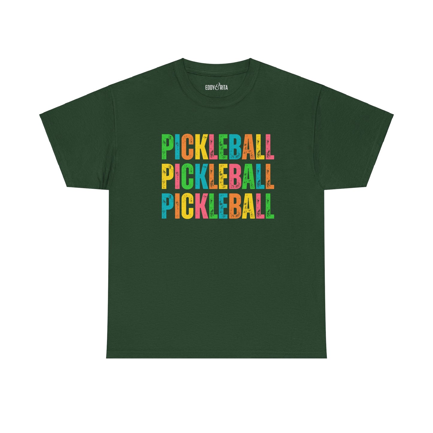 Eddy and Rita Women's Heavy Cotton T-Shirt - "Pickleball Pickleball Pickleball" Colorful Graphic Tee for Pickleball Enthusiasts
