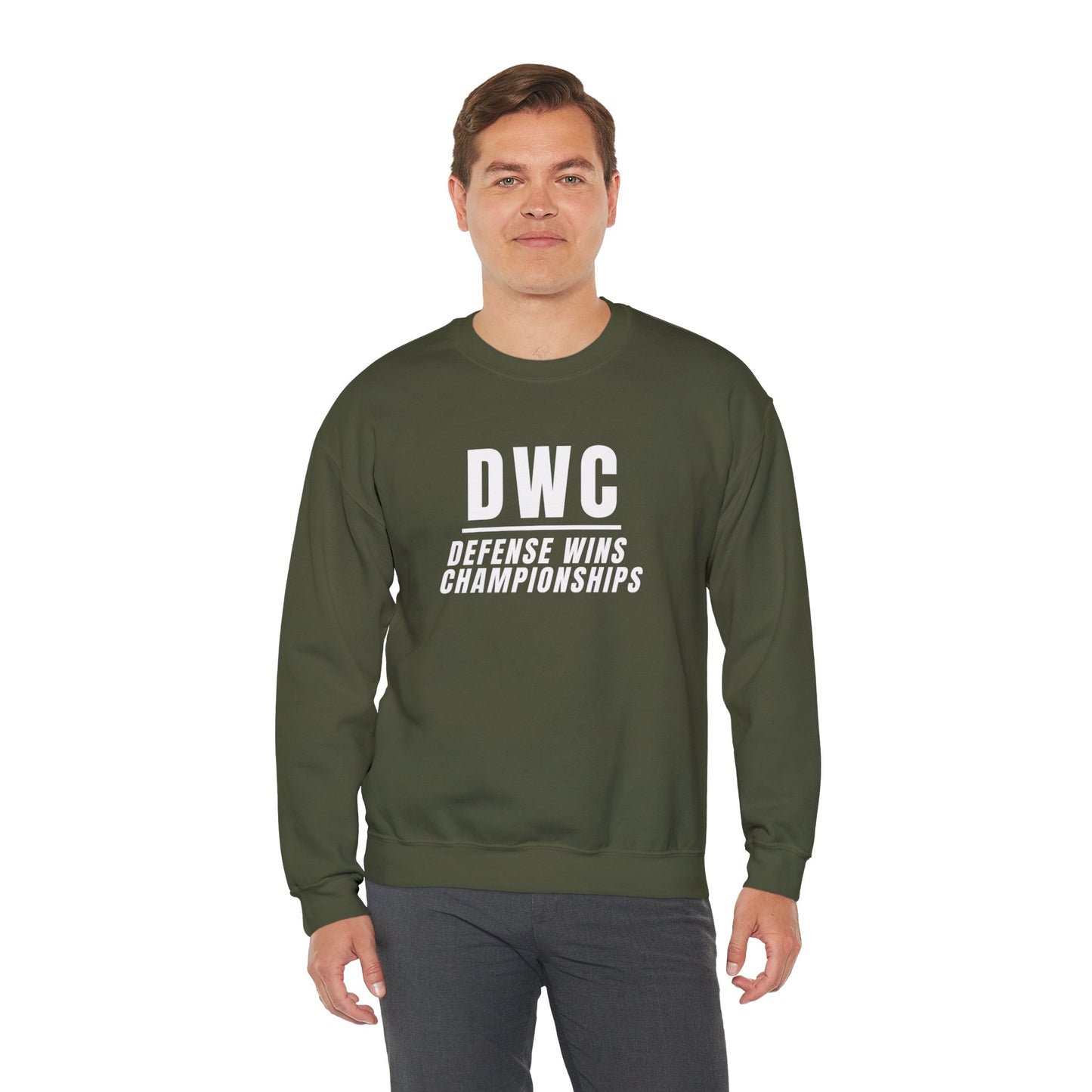 Men's Heavy Sweatshirt – "D W C Defense Wins Championships" Sports-Inspired Graphic Sweatshirt