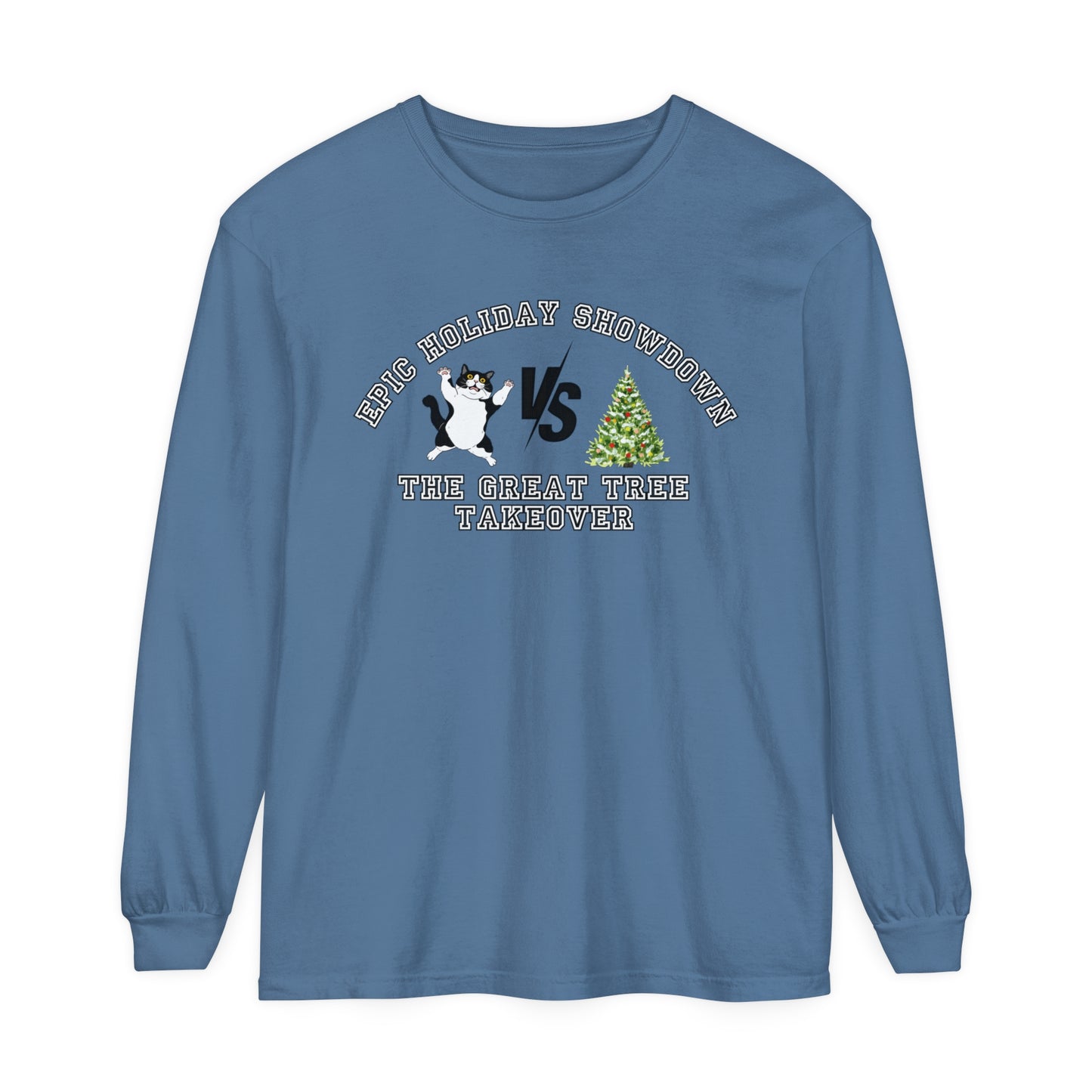 Comfort Colors Garment-Dyed Long Sleeve T-Shirt - 'Epic Holiday Showdown: The Great Tree Takeover' Cat & Christmas Tree Tee - Eddy and Rita
