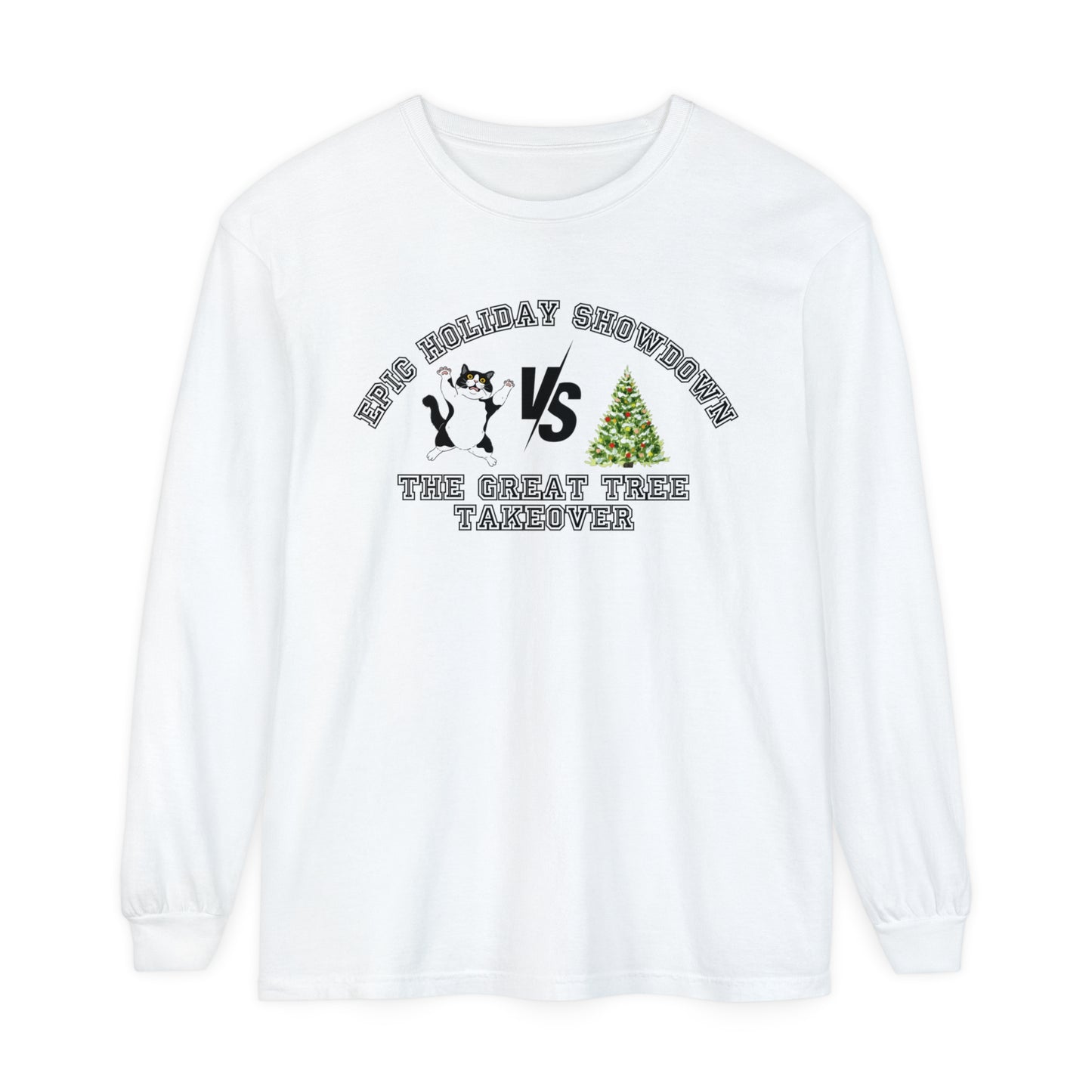 Comfort Colors Garment-Dyed Long Sleeve T-Shirt - 'Epic Holiday Showdown: The Great Tree Takeover' Cat & Christmas Tree Tee - Eddy and Rita