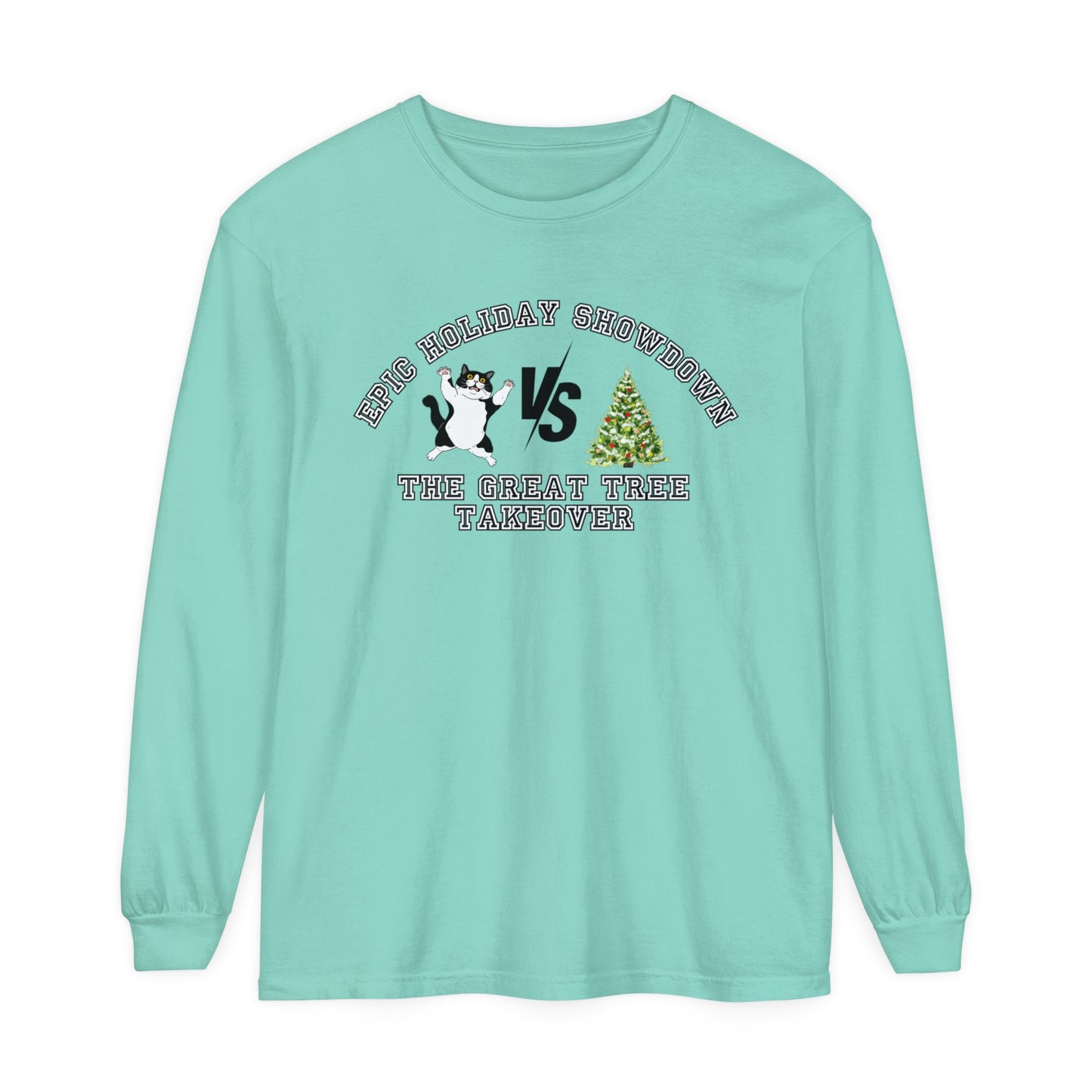 Comfort Colors Garment-Dyed Long Sleeve T-Shirt - 'Epic Holiday Showdown: The Great Tree Takeover' Cat & Christmas Tree Tee - Eddy and Rita