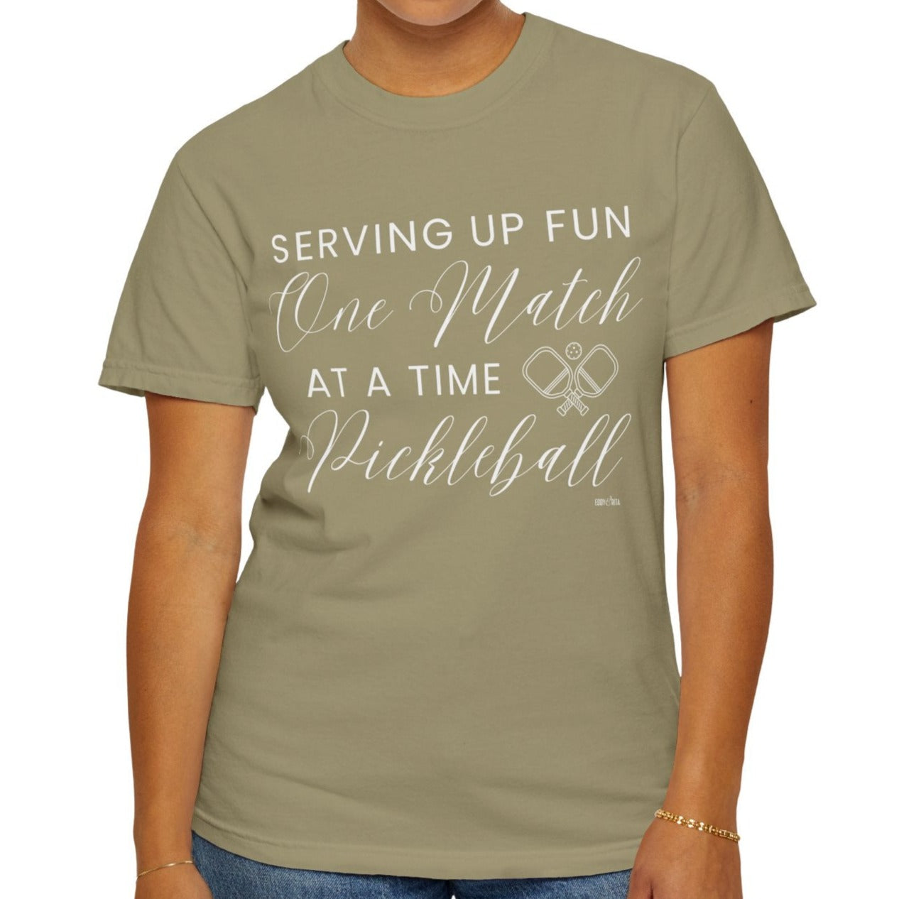 Eddy and Rita Women's Comfort Colors T-Shirt - "Serving Up Fun One Match at a Time Pickleball" Colorful Graphic Tee for Pickleball Enthusiasts