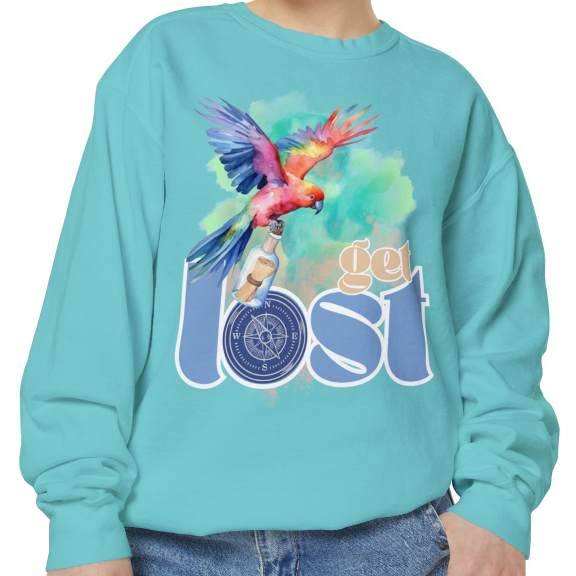 Get Lost Women's Long Sleeve Comfort Colors Sweatshirt with Tropical Bird Design - Eddy and Rita