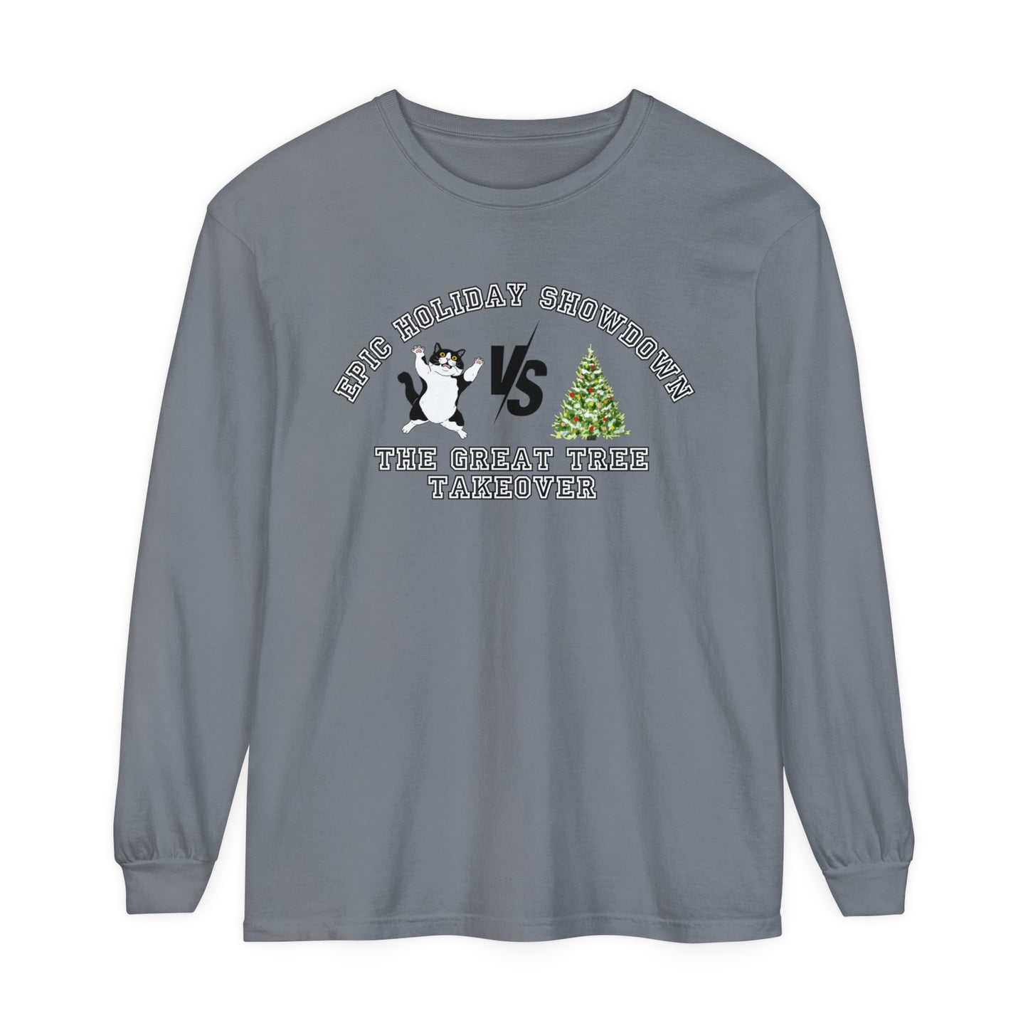 Comfort Colors Garment-Dyed Long Sleeve T-Shirt - 'Epic Holiday Showdown: The Great Tree Takeover' Cat & Christmas Tree Tee - Eddy and Rita