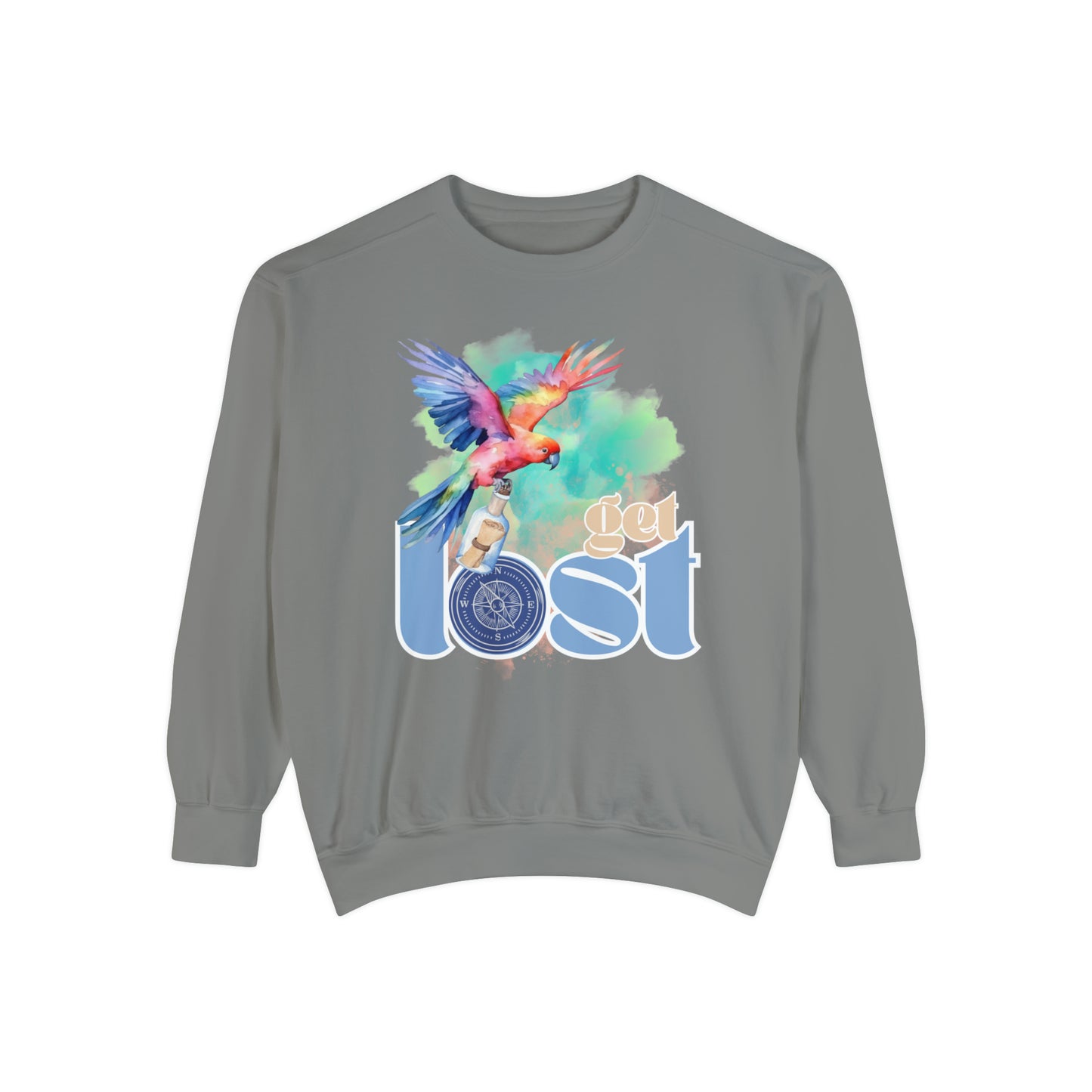 Get Lost Women's Long Sleeve Comfort Colors Sweatshirt with Tropical Bird Design - Eddy and Rita