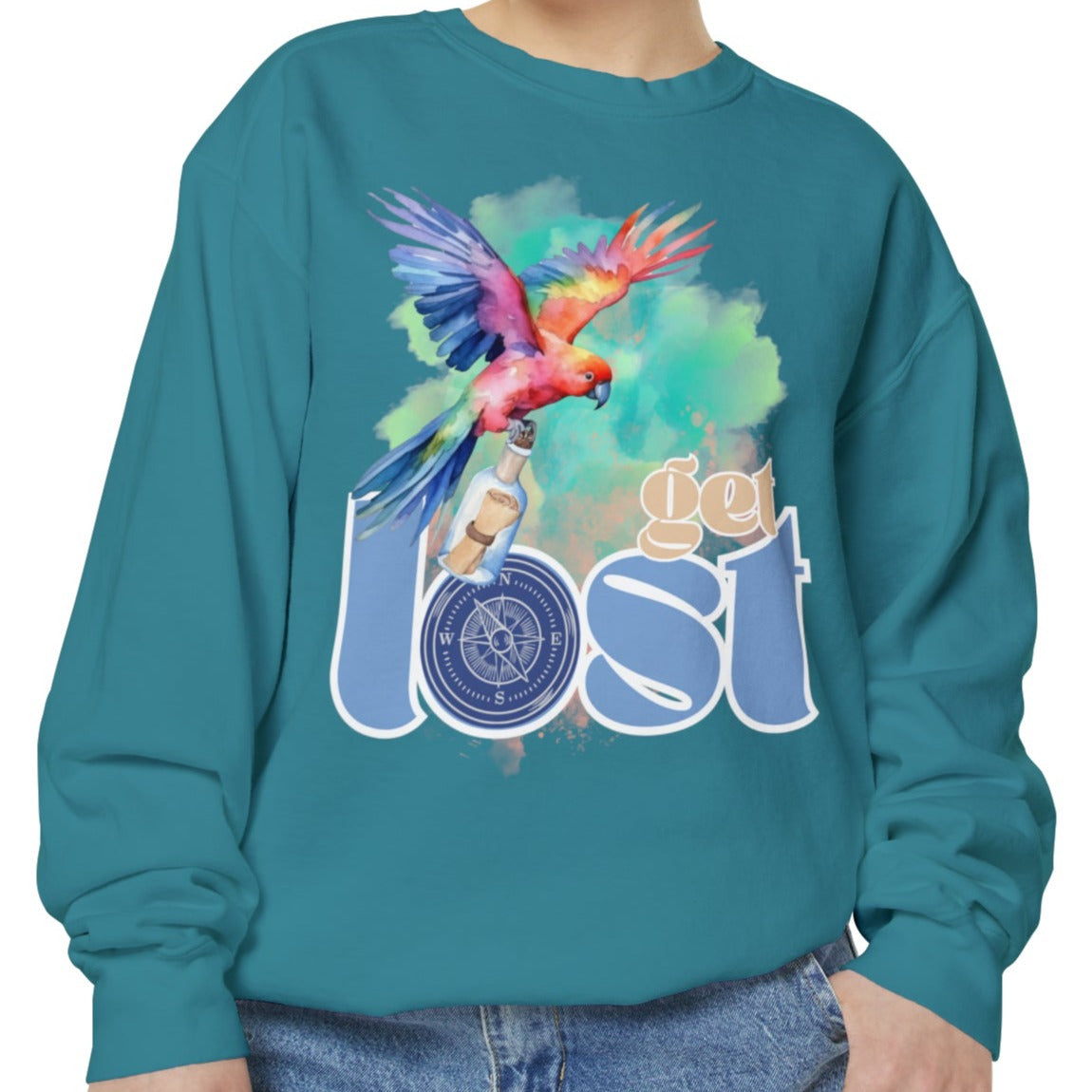 Get Lost Women's Long Sleeve Comfort Colors Sweatshirt with Tropical Bird Design - Eddy and Rita
