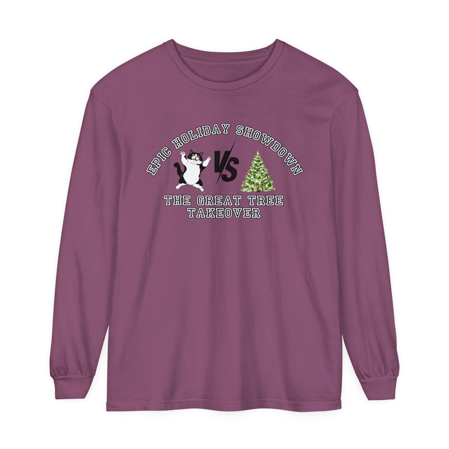 Comfort Colors Garment-Dyed Long Sleeve T-Shirt - 'Epic Holiday Showdown: The Great Tree Takeover' Cat & Christmas Tree Tee - Eddy and Rita