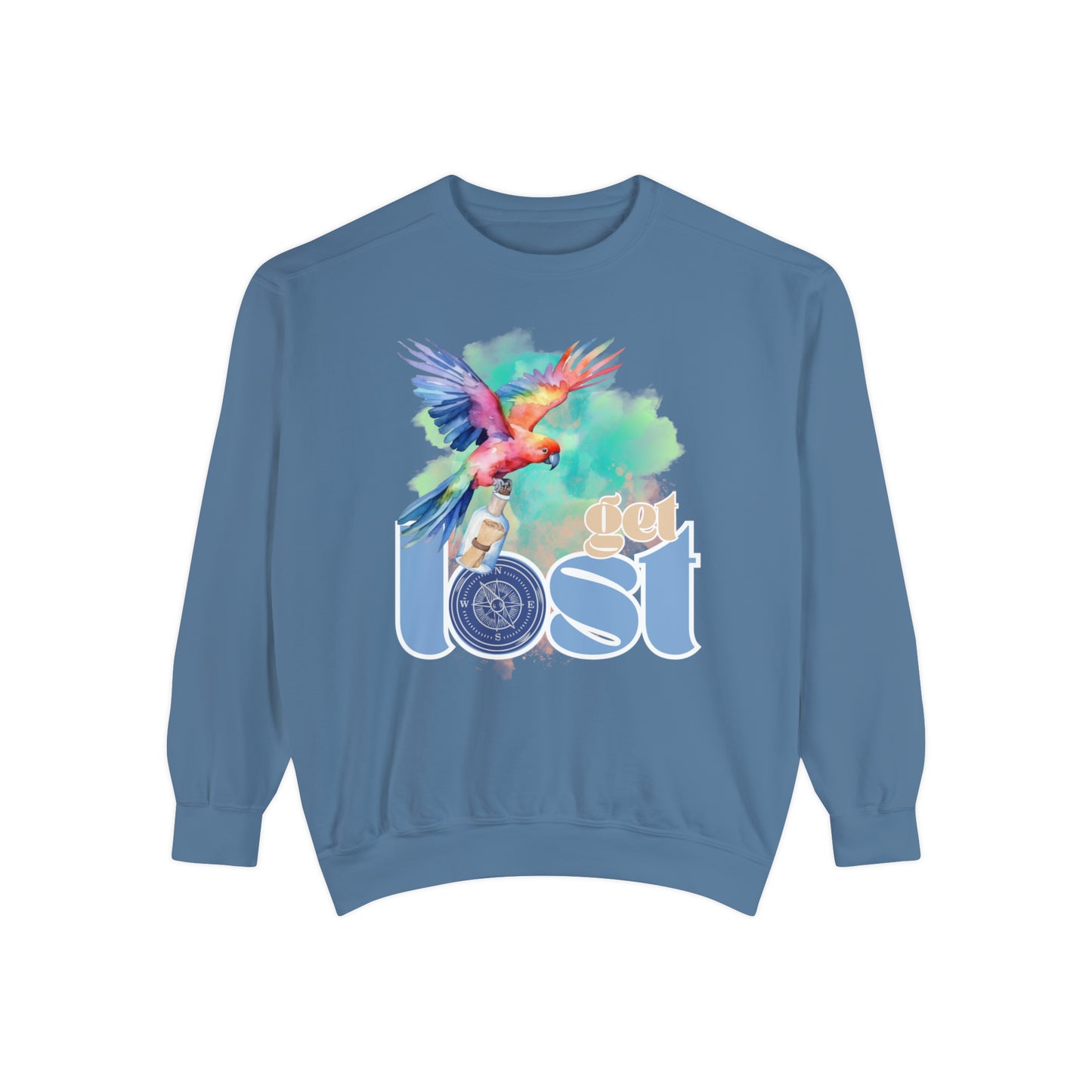 Get Lost Women's Long Sleeve Comfort Colors Sweatshirt with Tropical Bird Design - Eddy and Rita