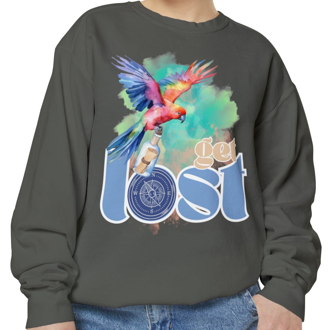 Get Lost Women's Comfort Colors Sweatshirt with Tropical Bird Design - Cozy and Stylish Casual Wear for Adventure Seekers