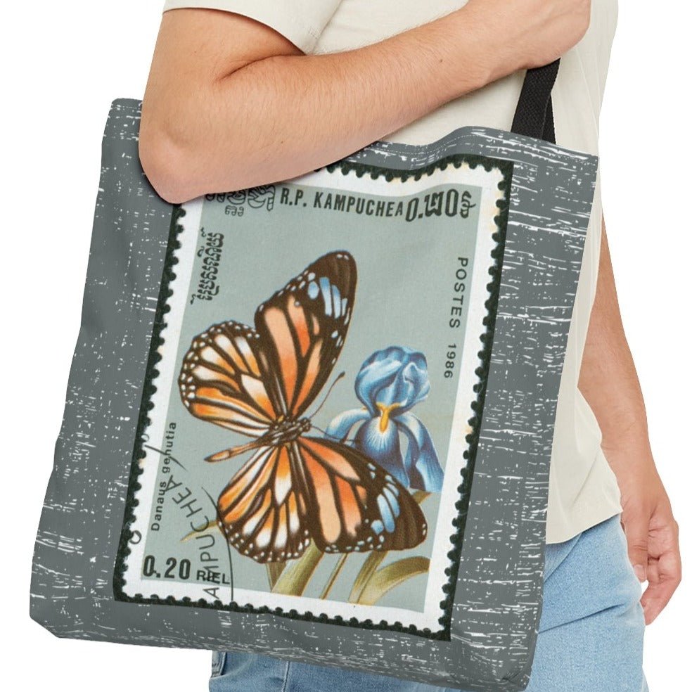 Monarch Butterfly Stamp Large Tote Bag - Graceful Insect Design on Light Charcoal Background - Eddy and Rita