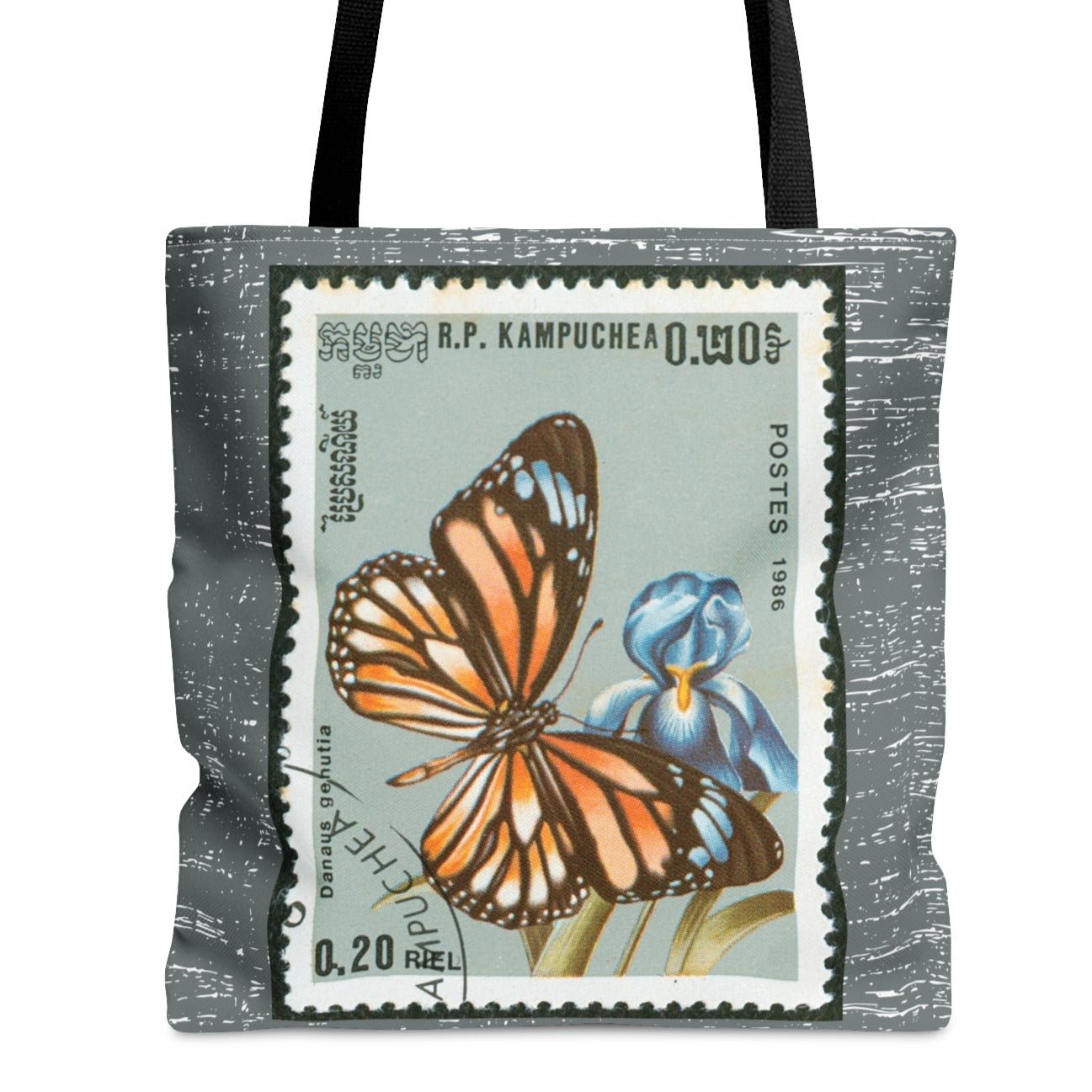 Monarch Butterfly Stamp Large Tote Bag - Graceful Insect Design on Light Charcoal Background - Eddy and Rita
