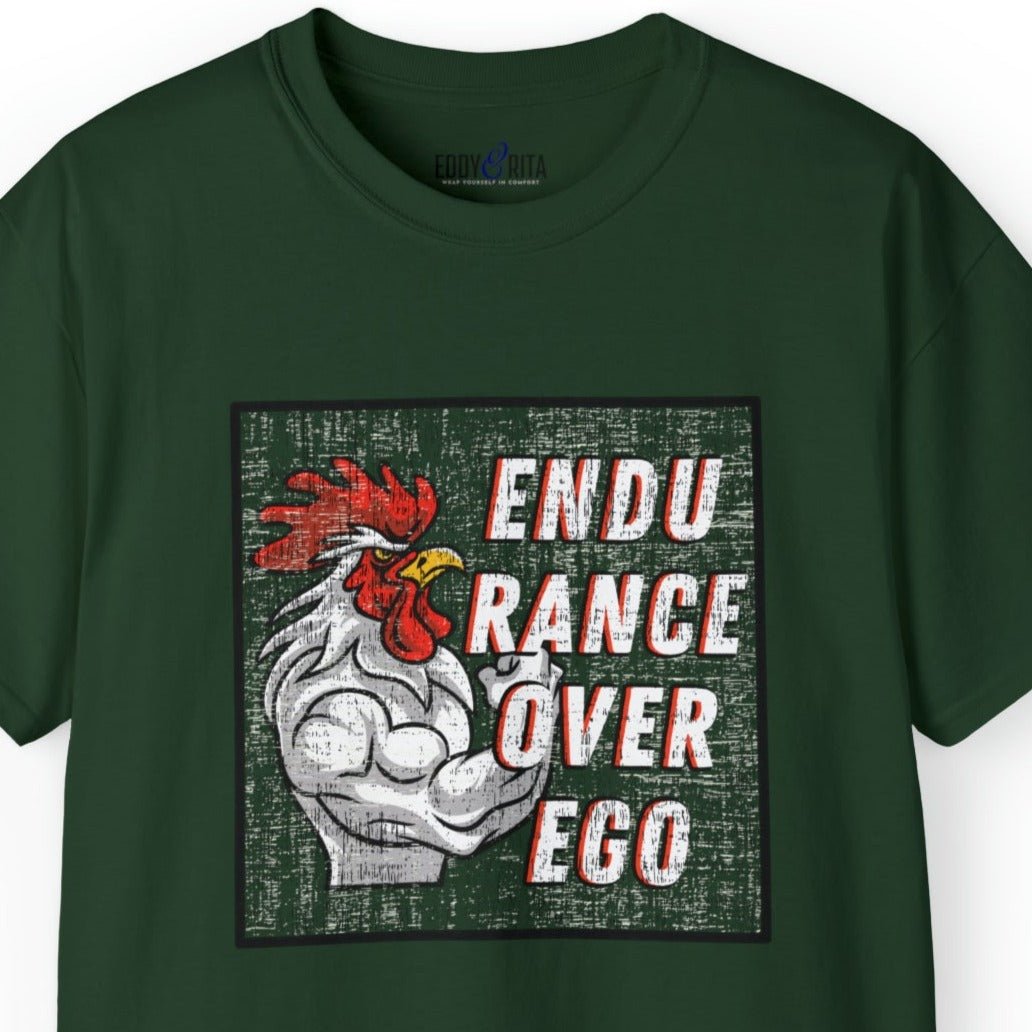 Muscle-Bound Rooster 'Endurance Over Ego' Men's Tee - Powerful and Inspirational Shirt - Eddy and Rita