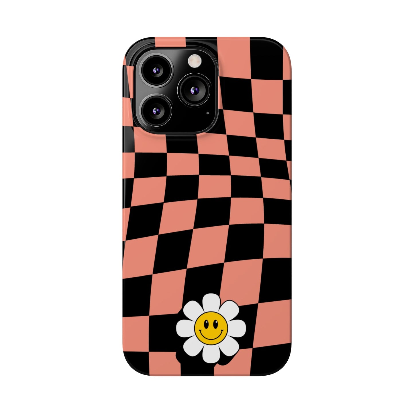 Pink and Black Checked Background with Happy Daisy iPhone Slim Phone Case - Eddy and Rita