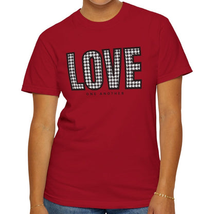 Love One Another Houndstooth Women's Comfort Colors Tee: Cozy Style with Inspirational Charm - Eddy and Rita