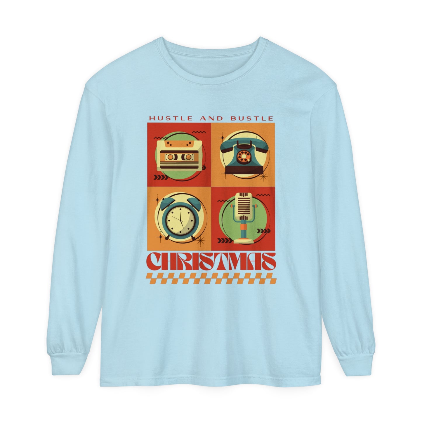 Women's Retro Christmas Tee: 'Hustle and Bustle Christmas' - Comfort Colors Long Sleeve, Cozy Festive Fashion for Seasonal Joy! - Eddy and Rita