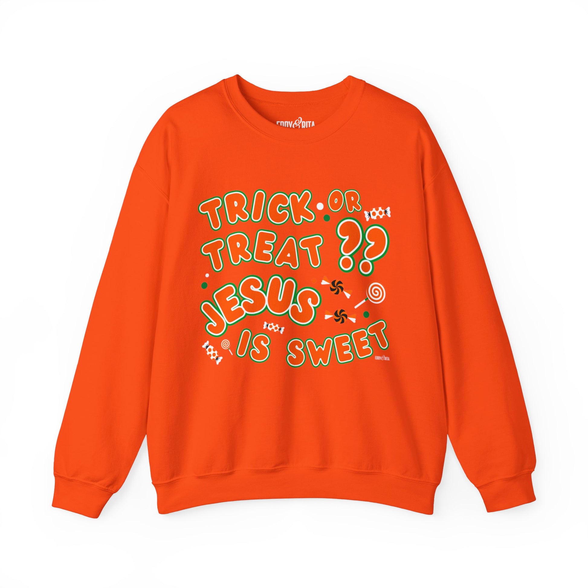 Eddy and Rita Women's Heavy Crewneck Sweatshirt - "Trick or Treat?? Jesus is Sweet" Halloween Graphic Pullover