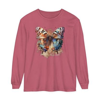 Women's Comfort Colors Long Sleeve Tee: 'Strength in Change' Butterfly - Eddy and Rita